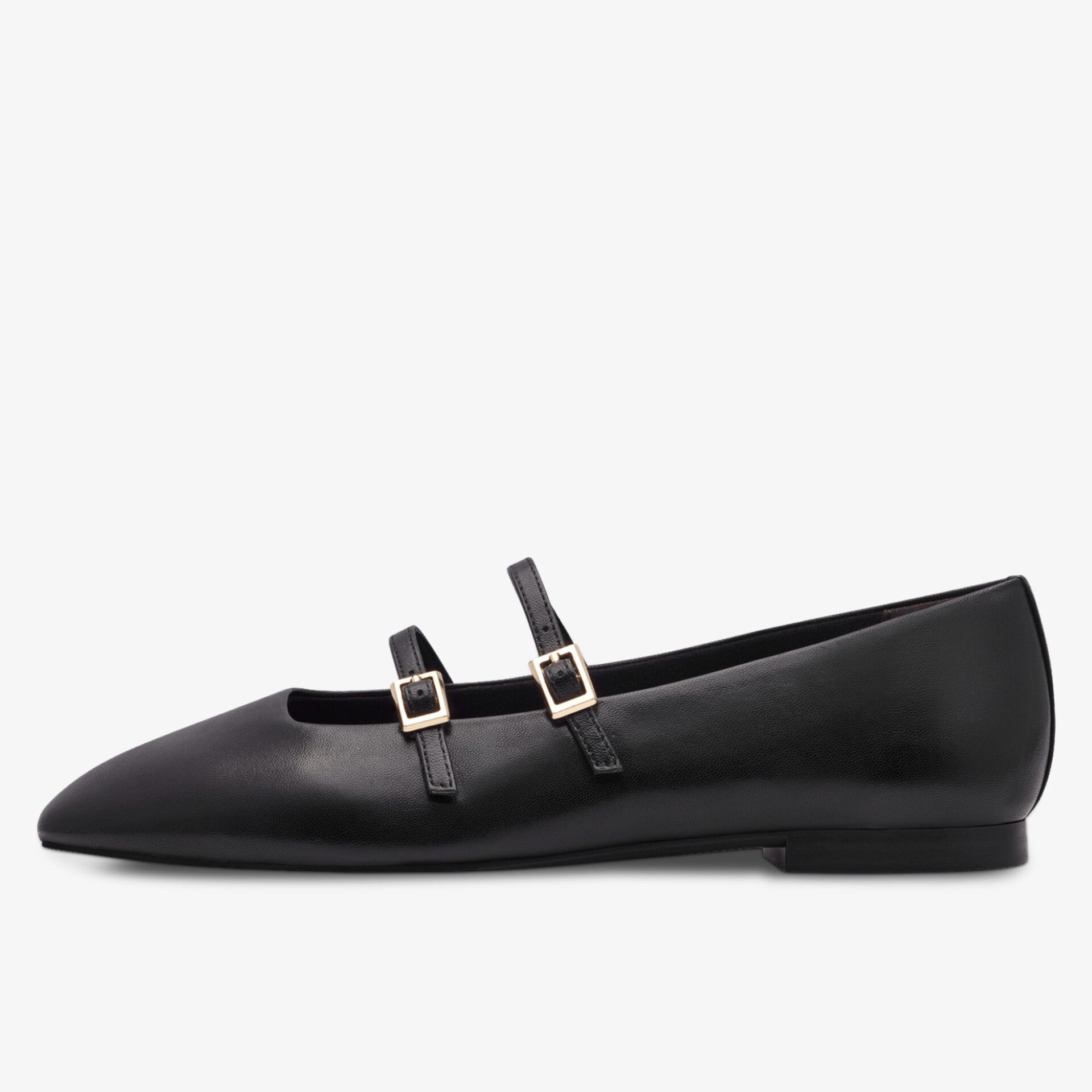 Schwarzer spitzer Lederschuh mit zwei Riemen und Schnallen, flaches Design, elegante Optik
