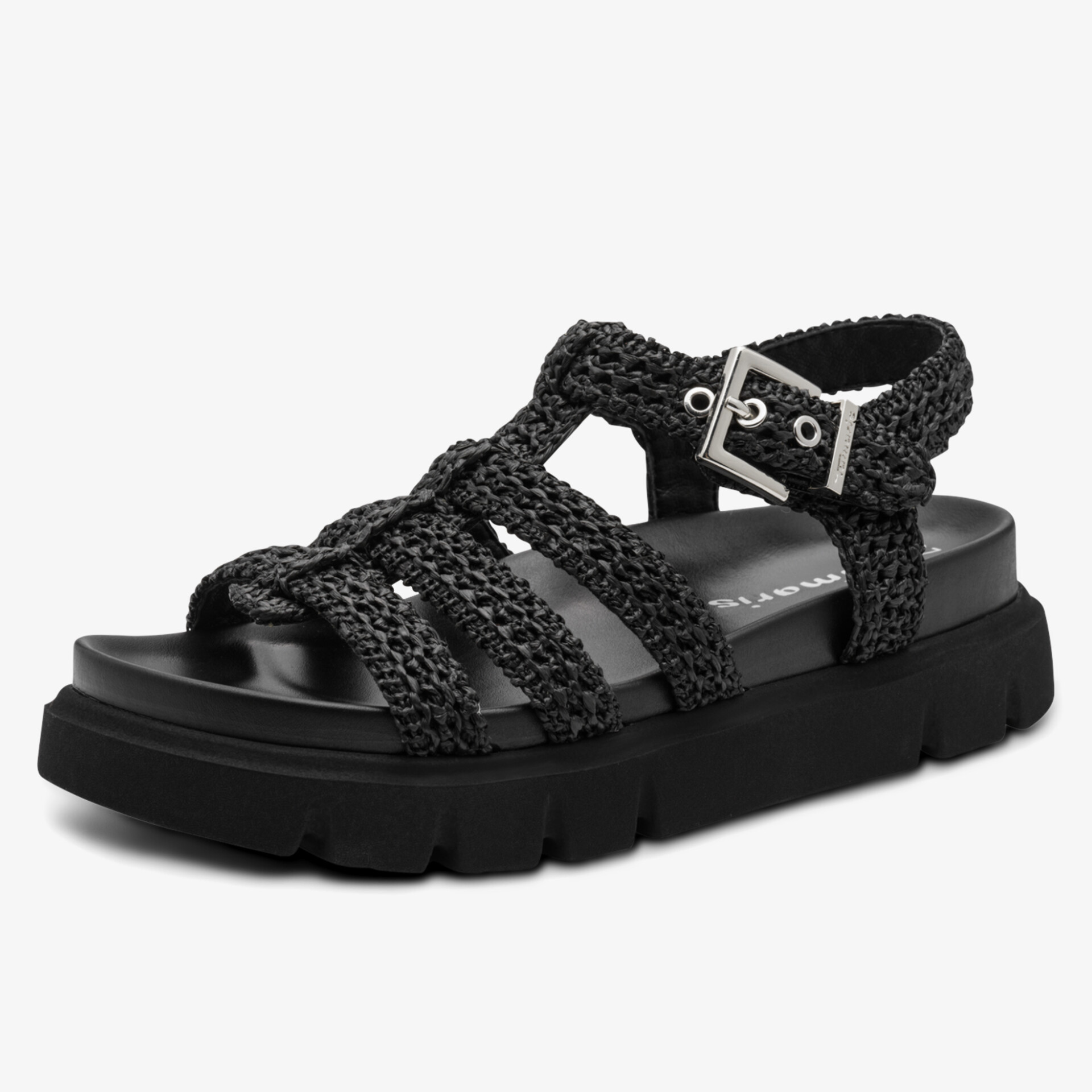 Schwarze Sandale mit gewebten Riemen und robuster Sohle, verstellbare Schnalle sorgt für perfekten Sitz.