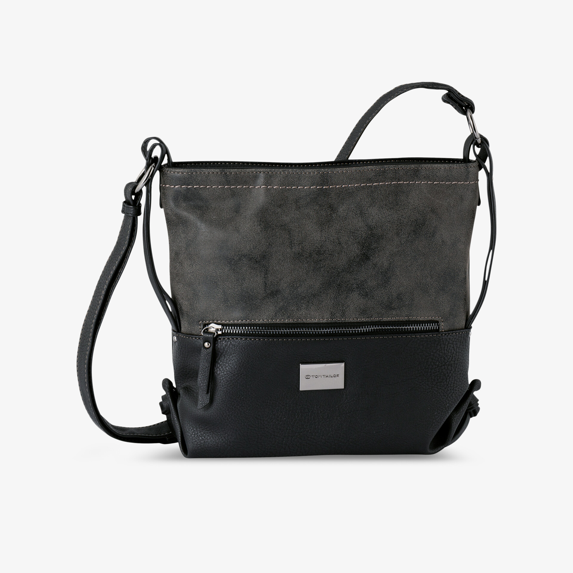 Moderne schwarze Schultertasche aus feinem Material mit Reißverschluss und verstellbarem Trageriemen, stilvoll und funktional