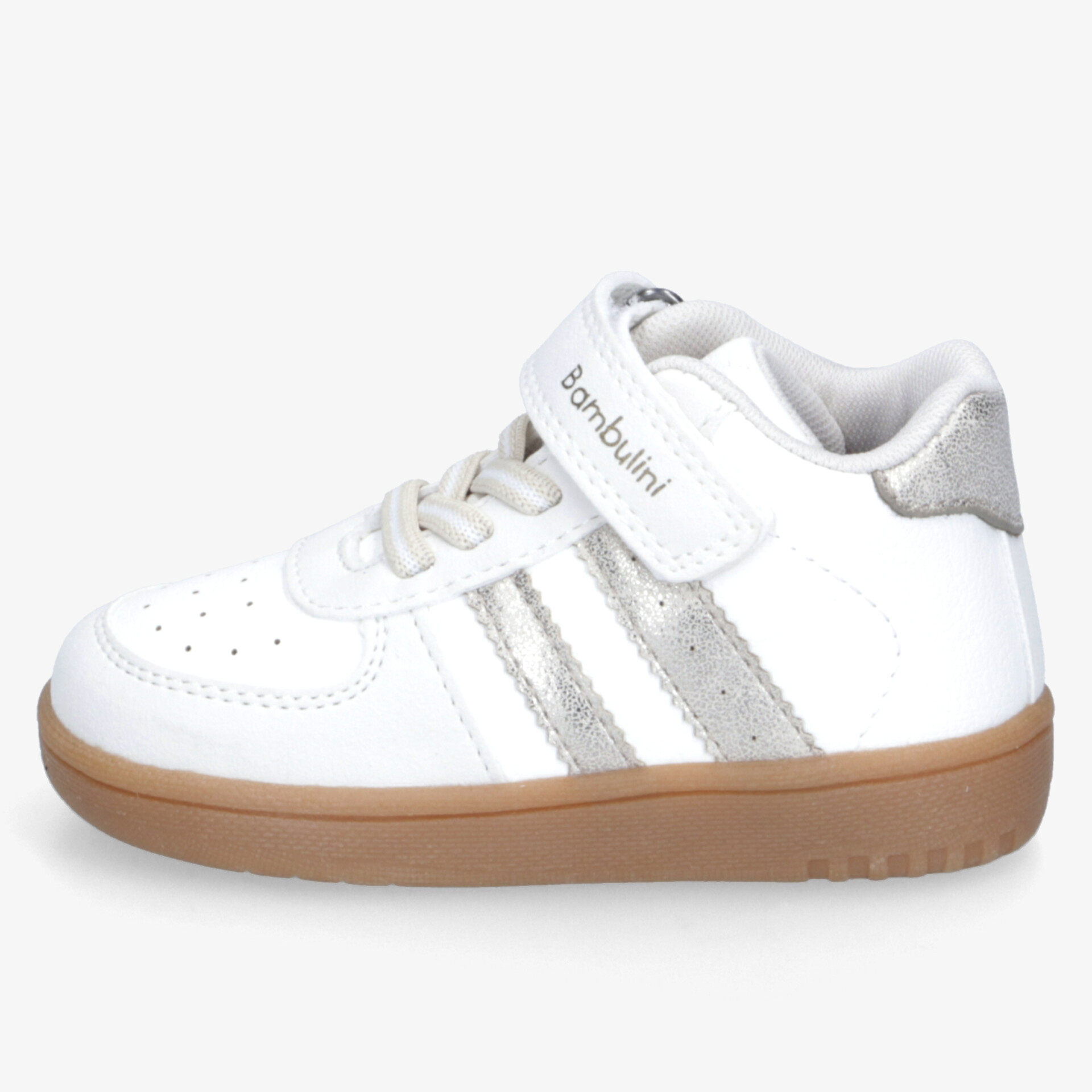 Weißer Kinderschuh mit gepolstertem Schaft, flexibel und rutschfest, ausgestattet mit praktischem Klettverschluss