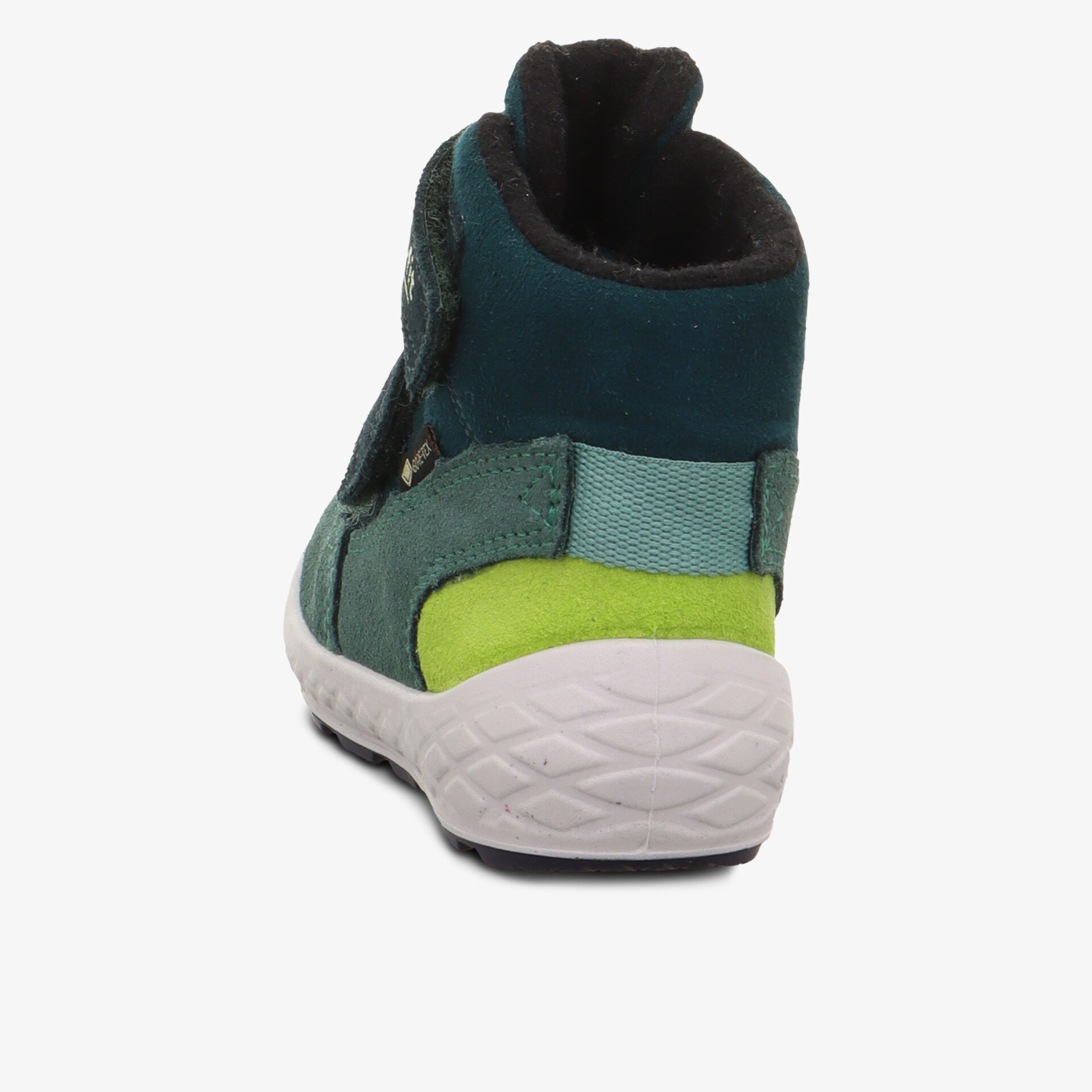 Rückansicht eines grünen Sneakers mit hohem Schaft und weißer, gepolsterter Sohle, sportlicher Komfort