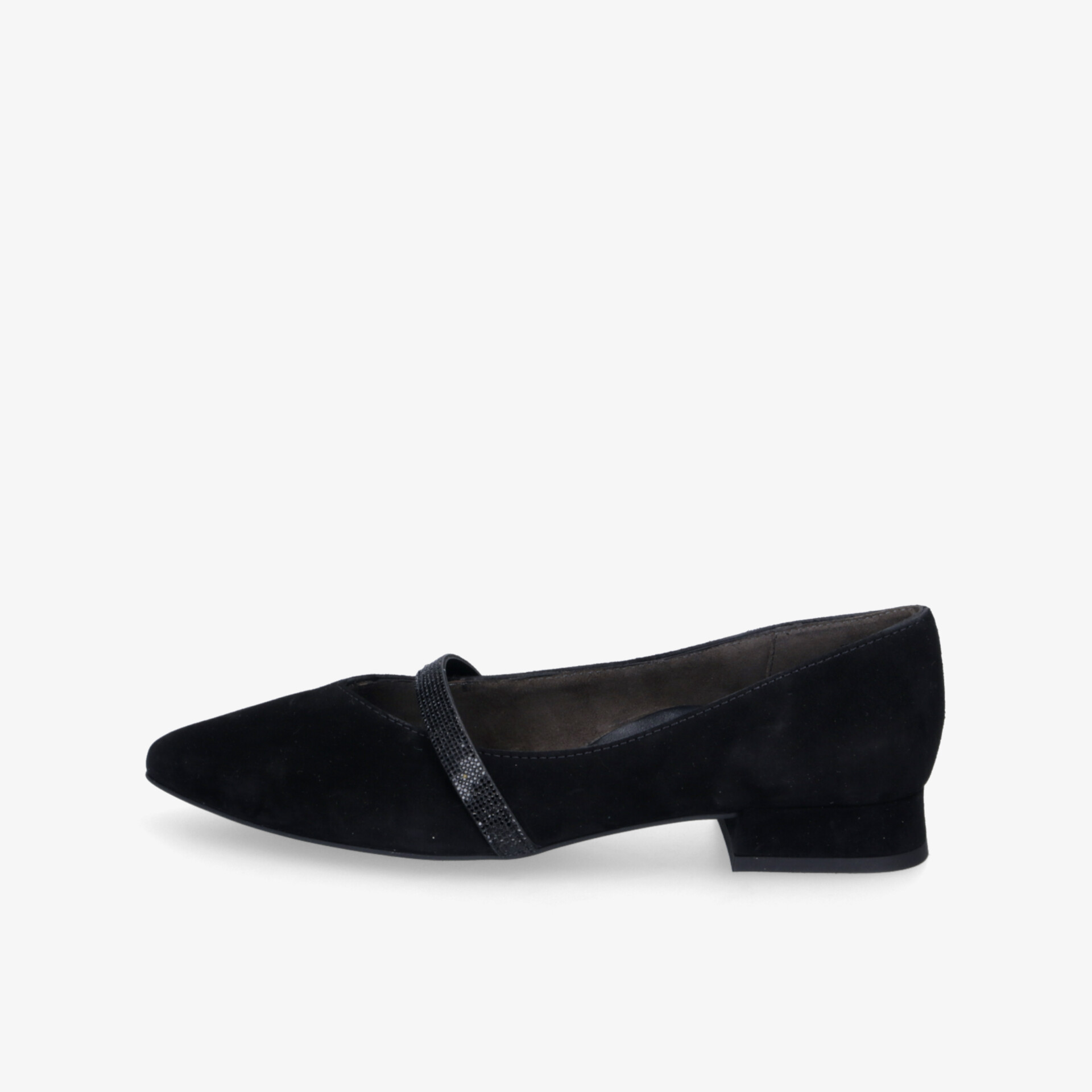 Eleganter schwarzer spitzer flacher Schuh mit weichem Material und schlichtem, komfortablem Design