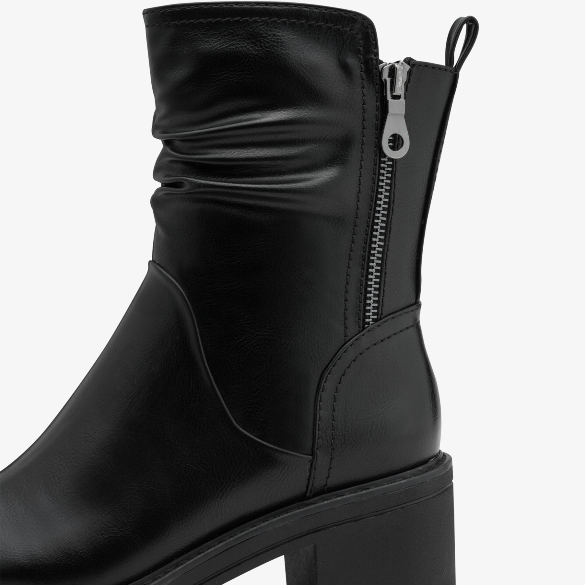 Schwarzer Stiefel mit Reißverschluss und Blockabsatz aus glattem Leder in modernem Design