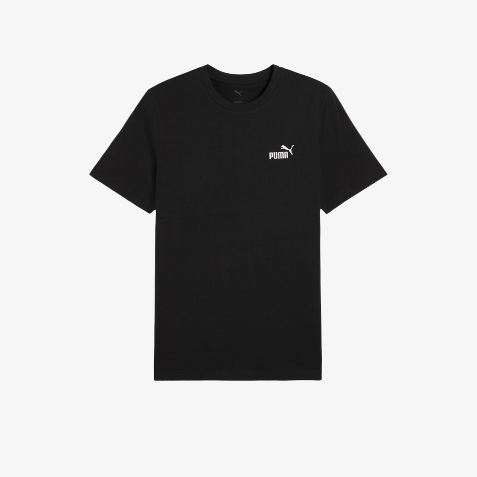 Schwarzes sportliches T-Shirt mit kurzem Ärmel und rundem Ausschnitt, sichtbares Puma Logo vorne