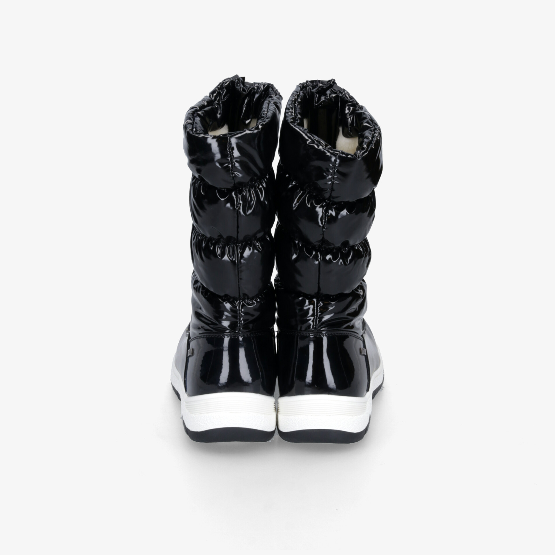 Schwarze glänzende Stiefel mit gepolstertem Schaft und Reißverschluss, rückseitige Ansicht zeigt robusten und modischen Look