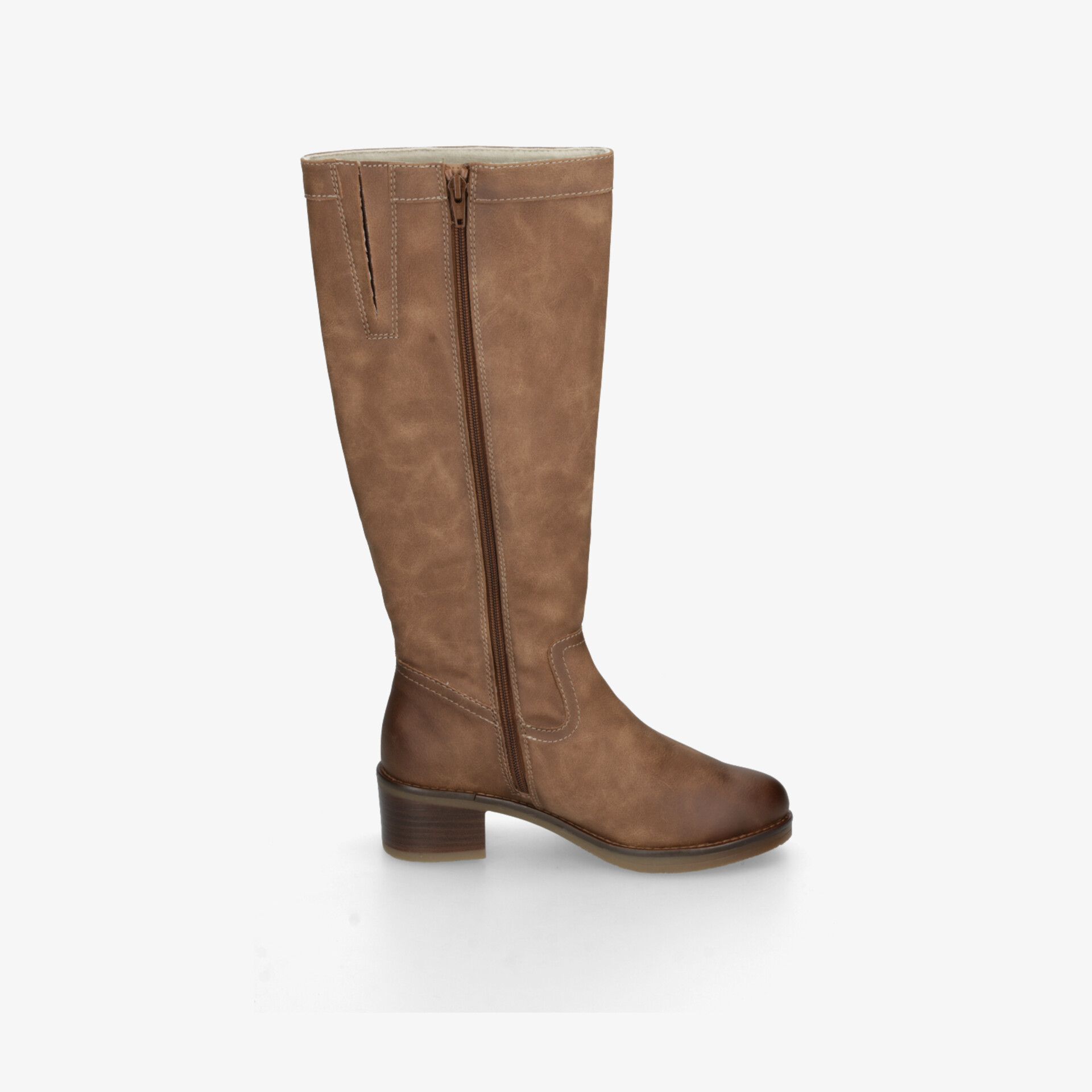 Brauner hoher Stiefel mit mittelhohem Absatz und Reißverschluss, klare seitliche Ansicht, robust und stilvoll