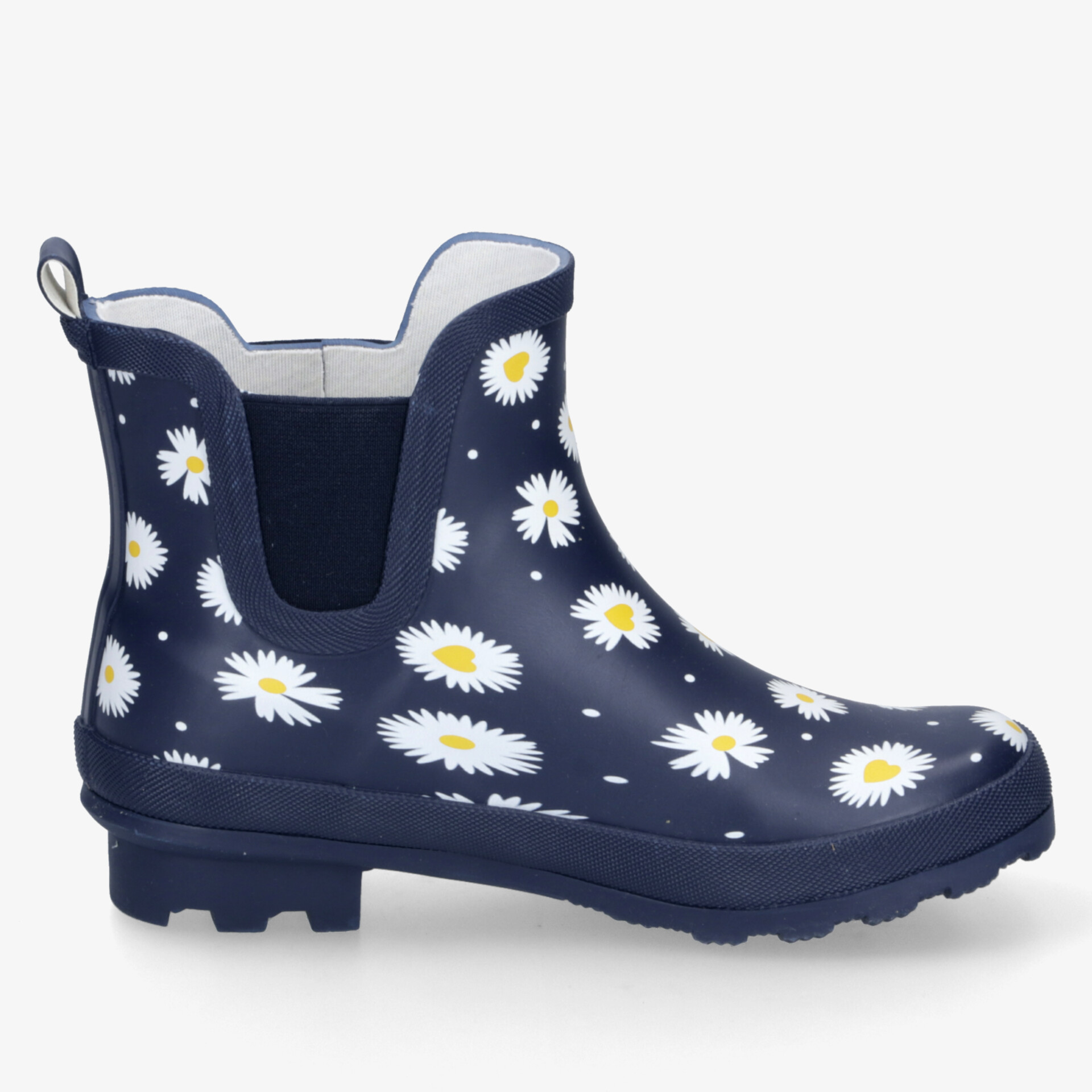 Wasserdichter blauer Regenschuh mit weiß-gelben Margeriten, robust, rutschfest und bequem