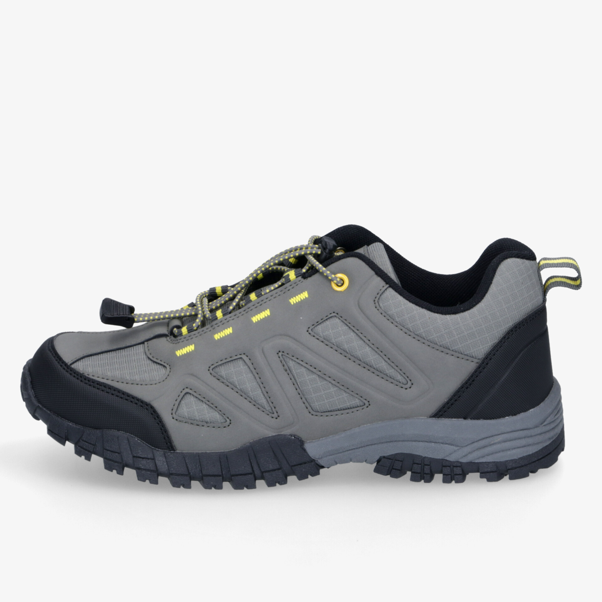 Grauer Outdoorschuh mit rutschfester Sohle und bequemer Passform, ideal für anspruchsvolle Wanderungen.