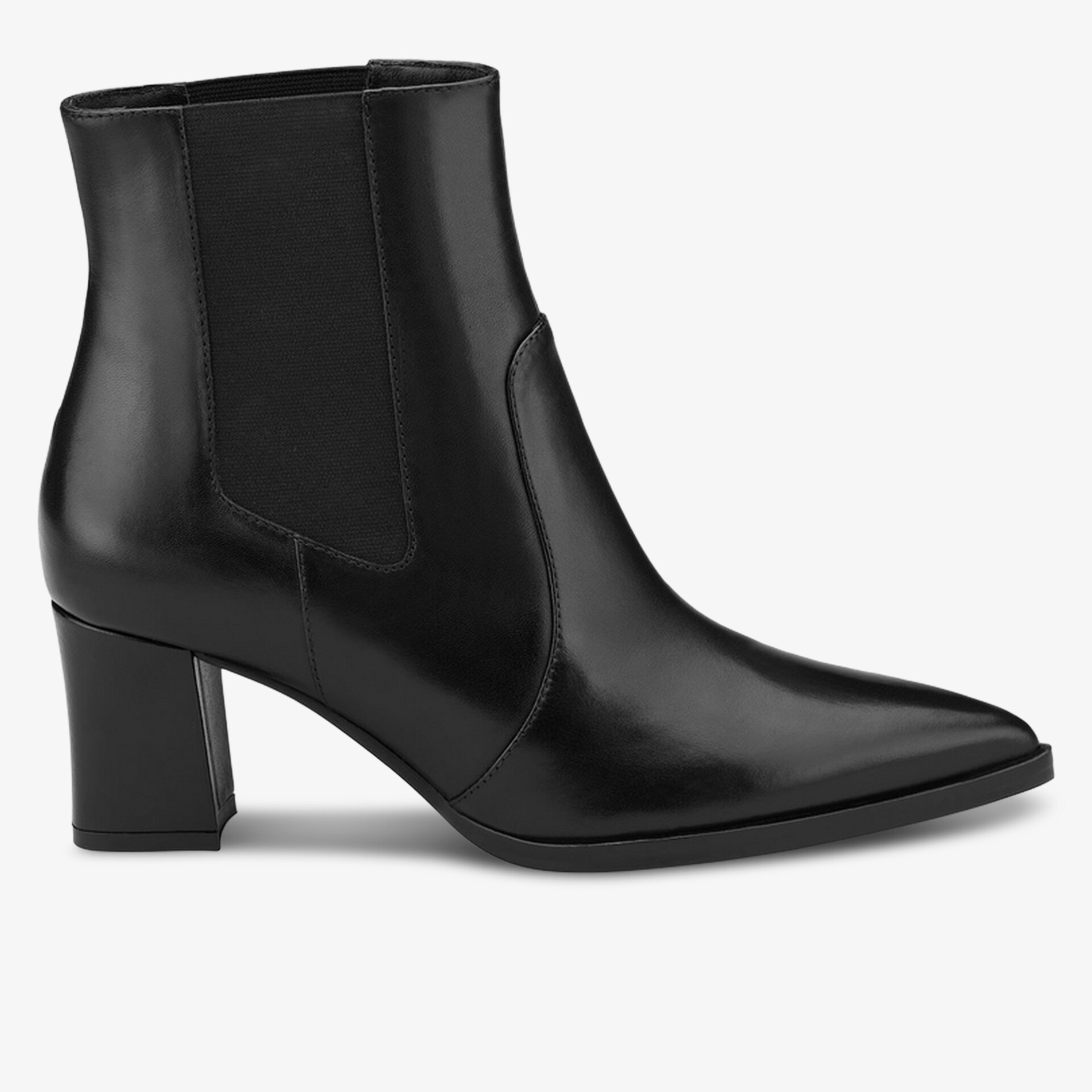 Eleganter schwarzer Chelsea-Boot aus Leder mit mittelhohem Blockabsatz und spitzer Schuhform