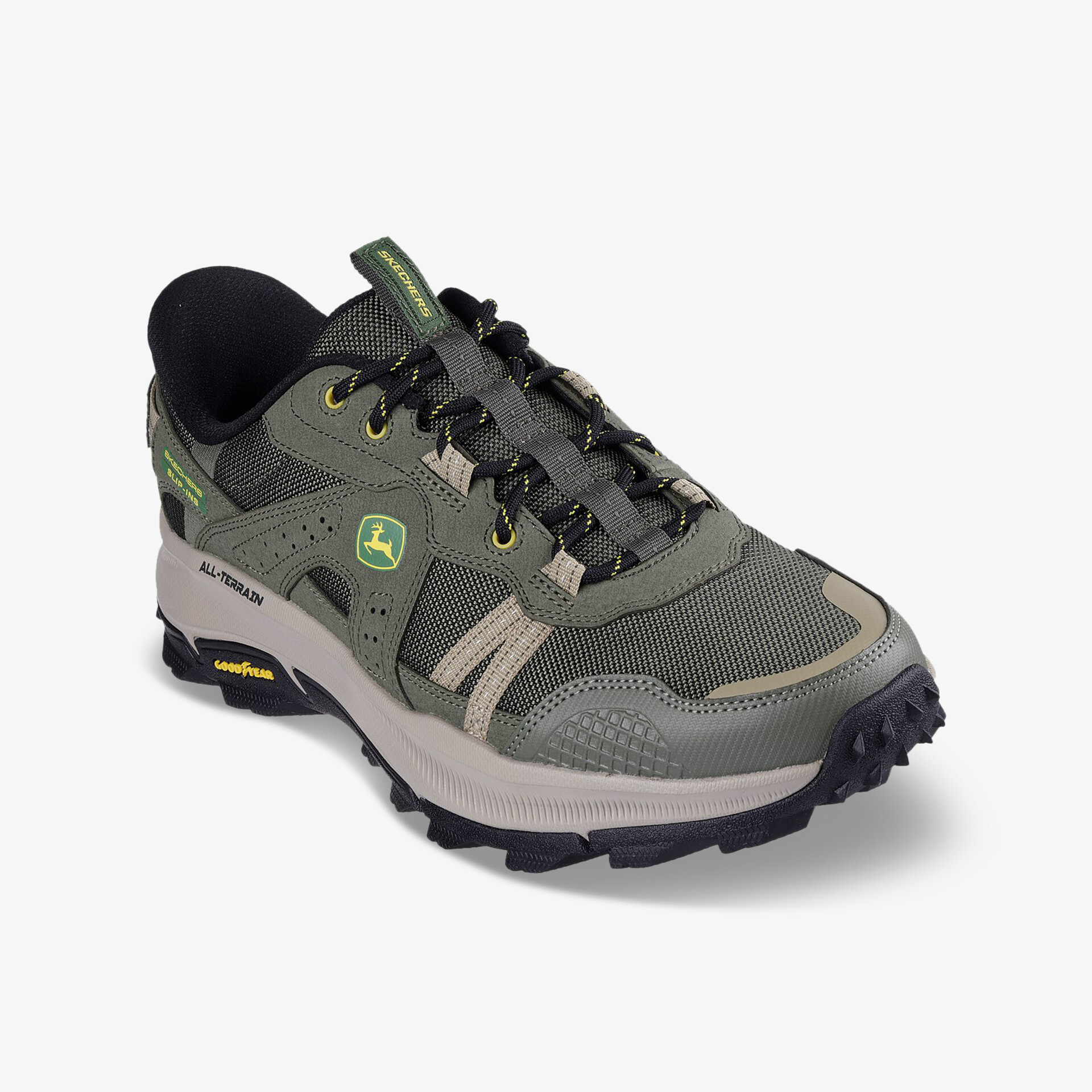 robuster trailrunning Schuh oliv mit rutschfester Vibram-Sohle und atmungsaktivem Material für komfortables Wandern