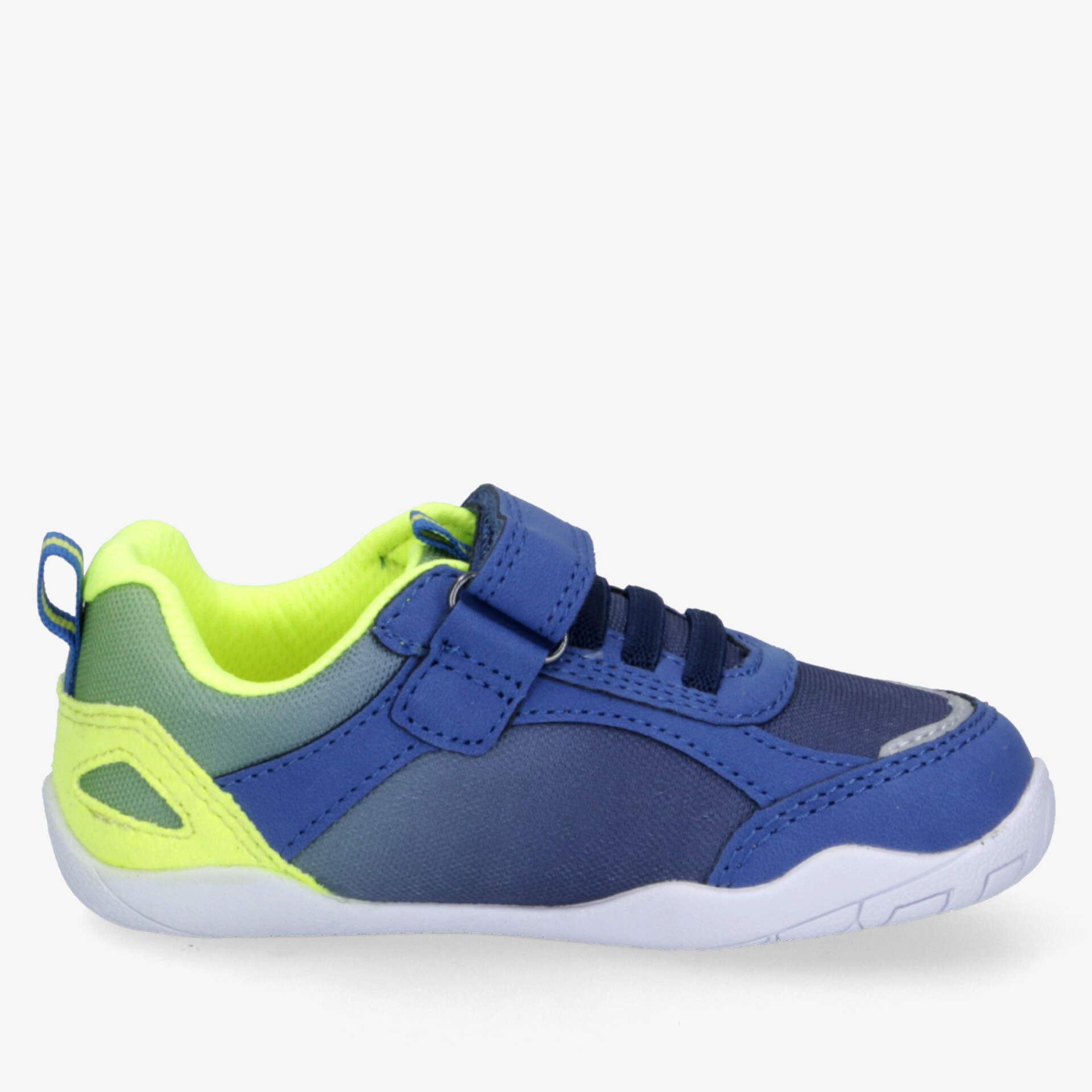 Leichter blauer Sportschuh mit neongrünen Akzenten, rutschfeste Sohle und bequemer Passform