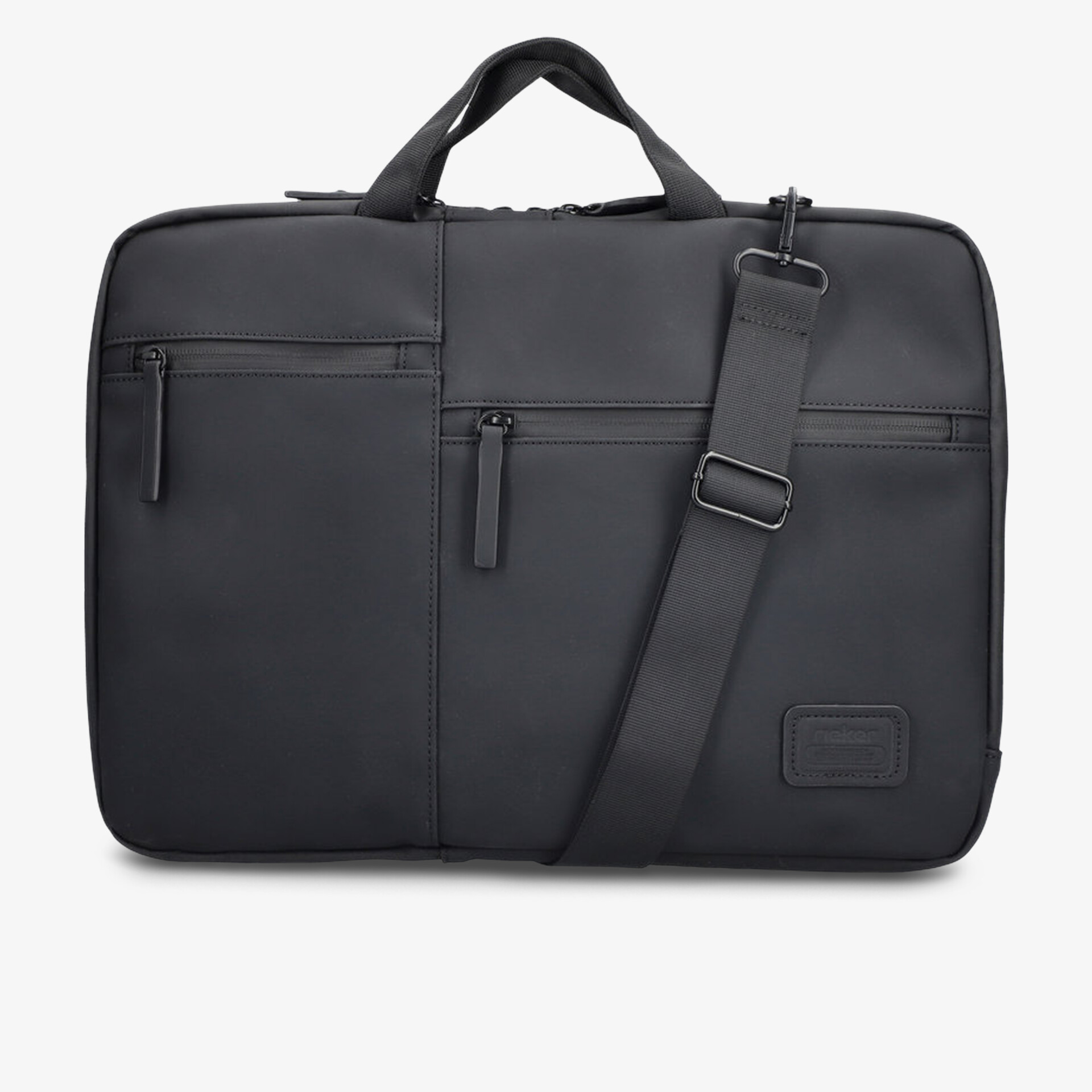 Robuste schwarze Laptoptasche mit gepolstertem Griff und verstellbarem Schultergurt, mehrere Fronttaschen mit Reißverschluss