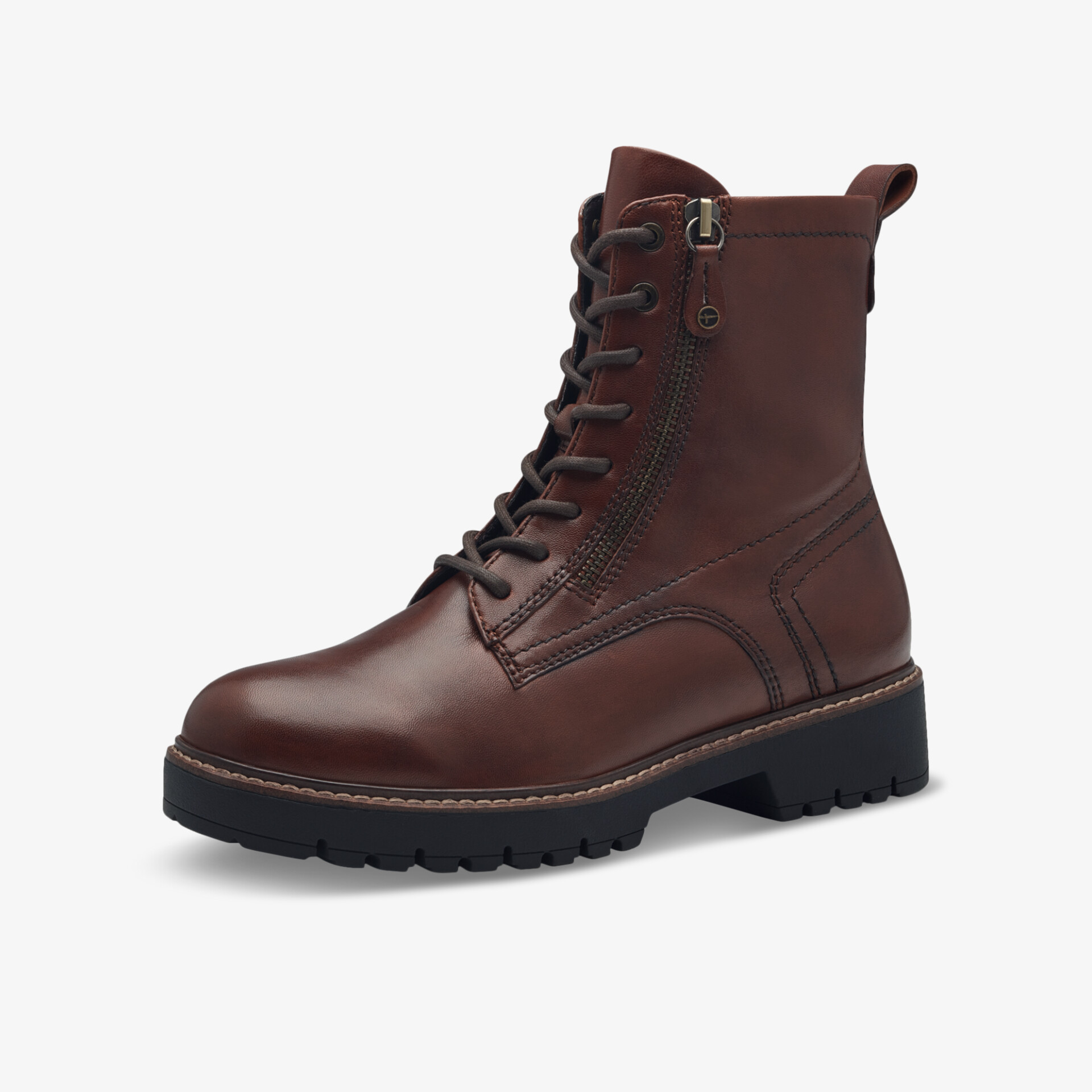 Robuster brauner Schnürstiefel mit Reißverschluss und rutschfester Sohle, komfortabler hoher Schaft