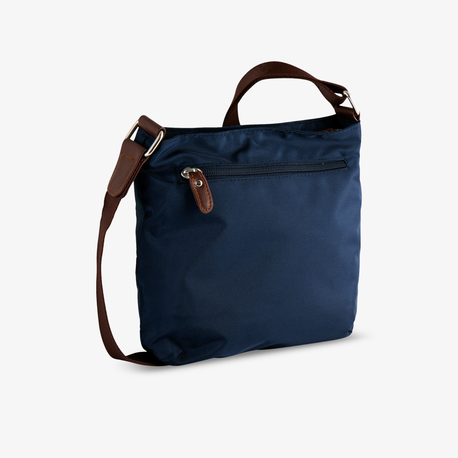 Blaue Nylon-Crossbody-Tasche mit verstellbarem braunem Riemen und Reißverschlussfach, leicht und kompakt.