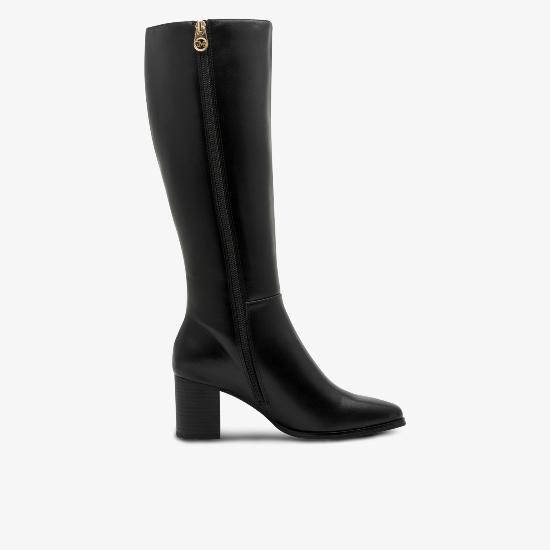 Schwarzer kniehoher Stiefel mit Blockabsatz und seitlichem Reißverschluss, elegante und bequeme Passform