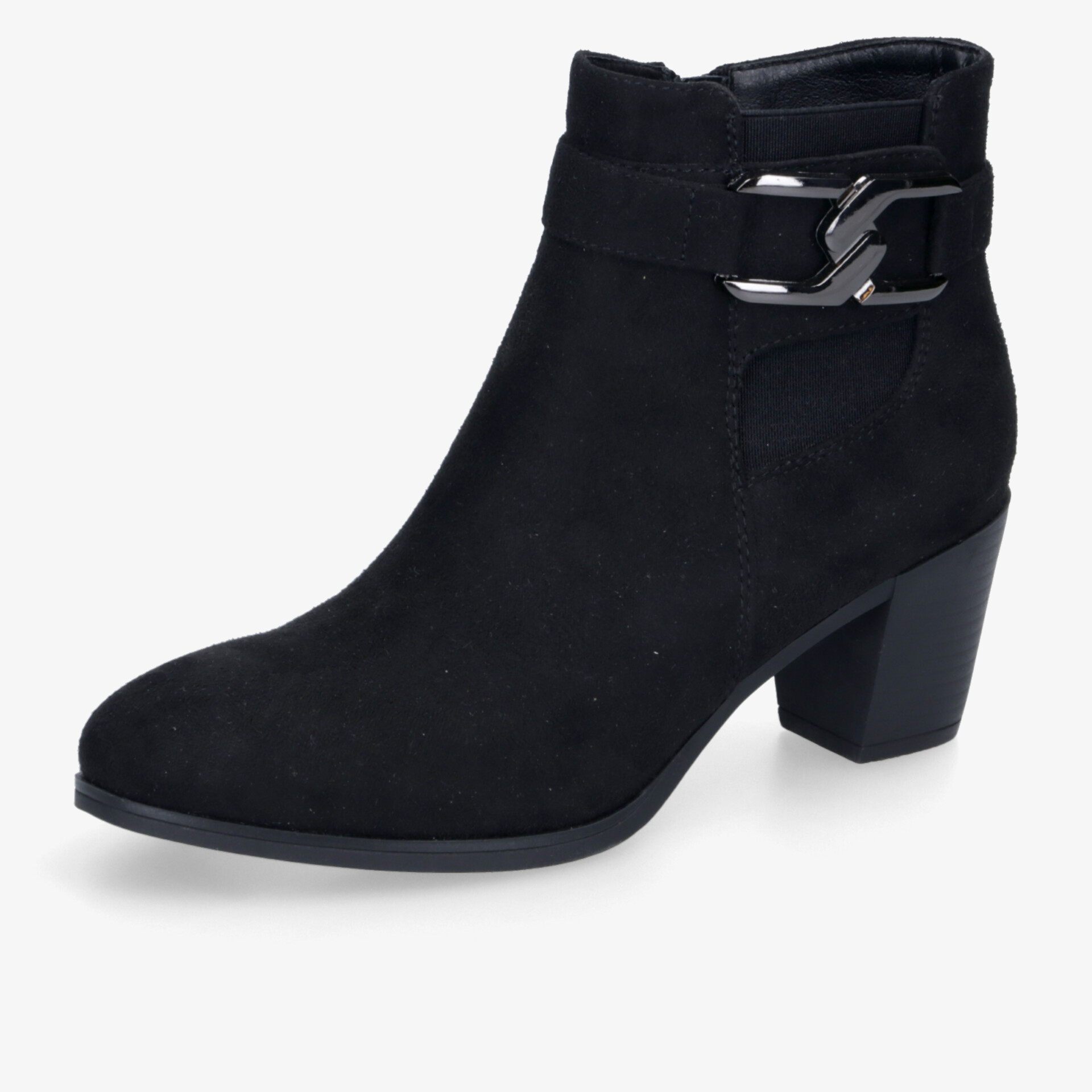 Schwarze Stiefelette mit mittelhohem Blockabsatz und modischem Schnallenverschluss, bequem und elegant