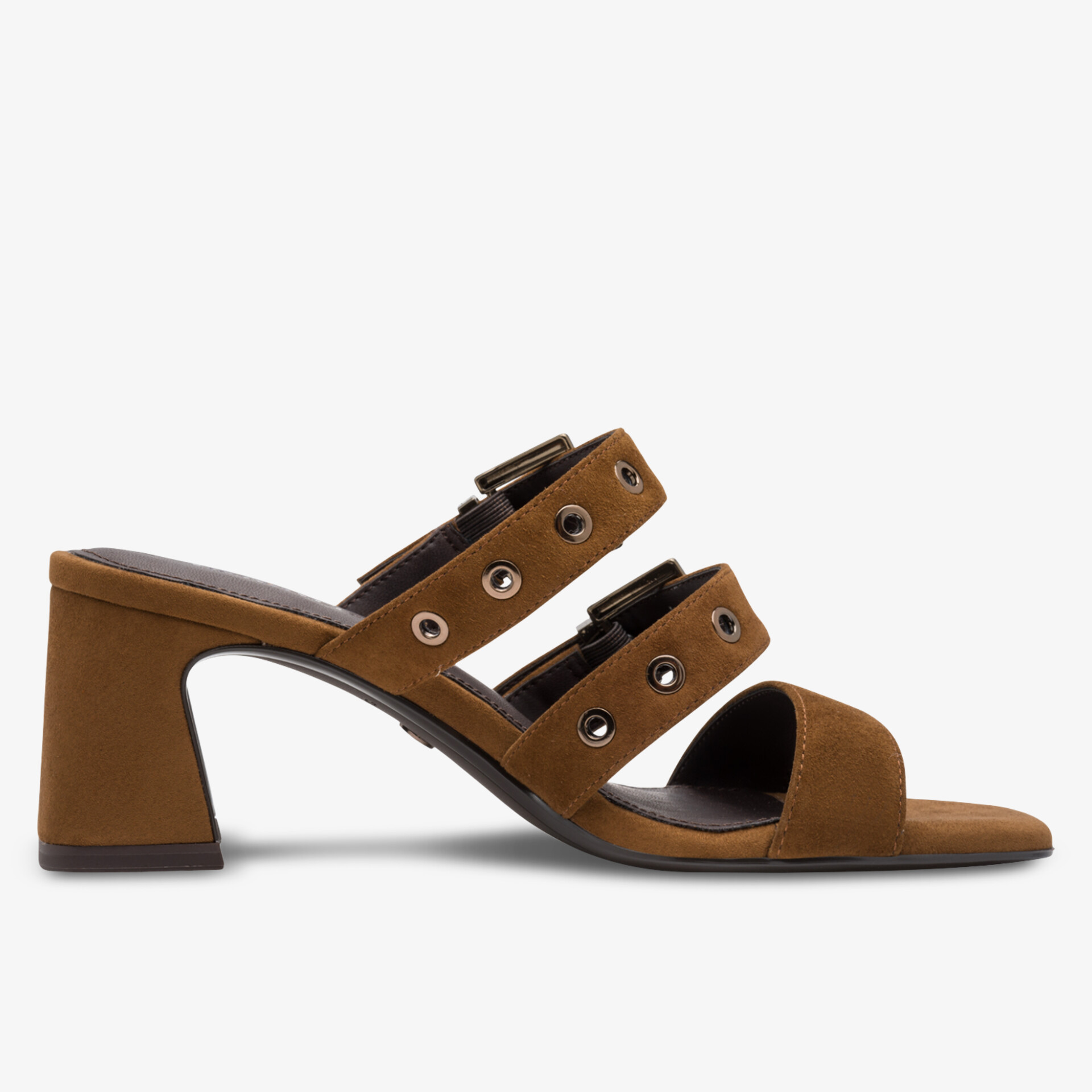 Eleganter brauner Absatzschuh mit zwei Riemen und Metallösen, bequemer blockabsatz für stilvollen Auftritt