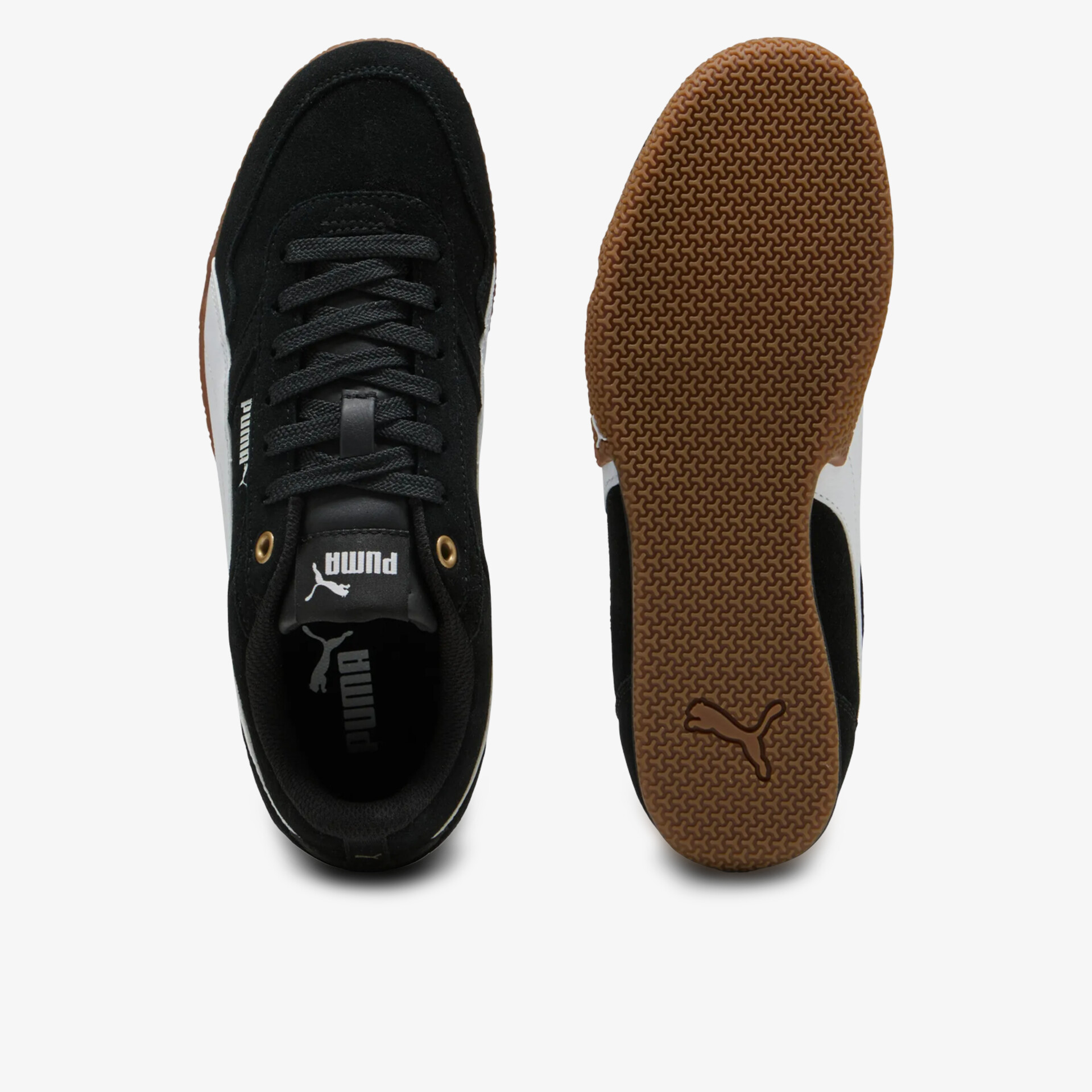 Schwarzer Puma Sneaker mit brauner Gummisohle und klassischer Schnürung, robuste rutschfeste Sohle