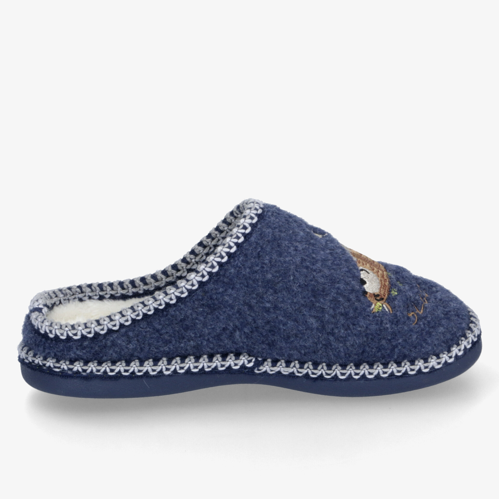 Bequemer blauer Hausschuh mit weicher Wolloptik und rutschfester Sohle für hohen Tragekomfort