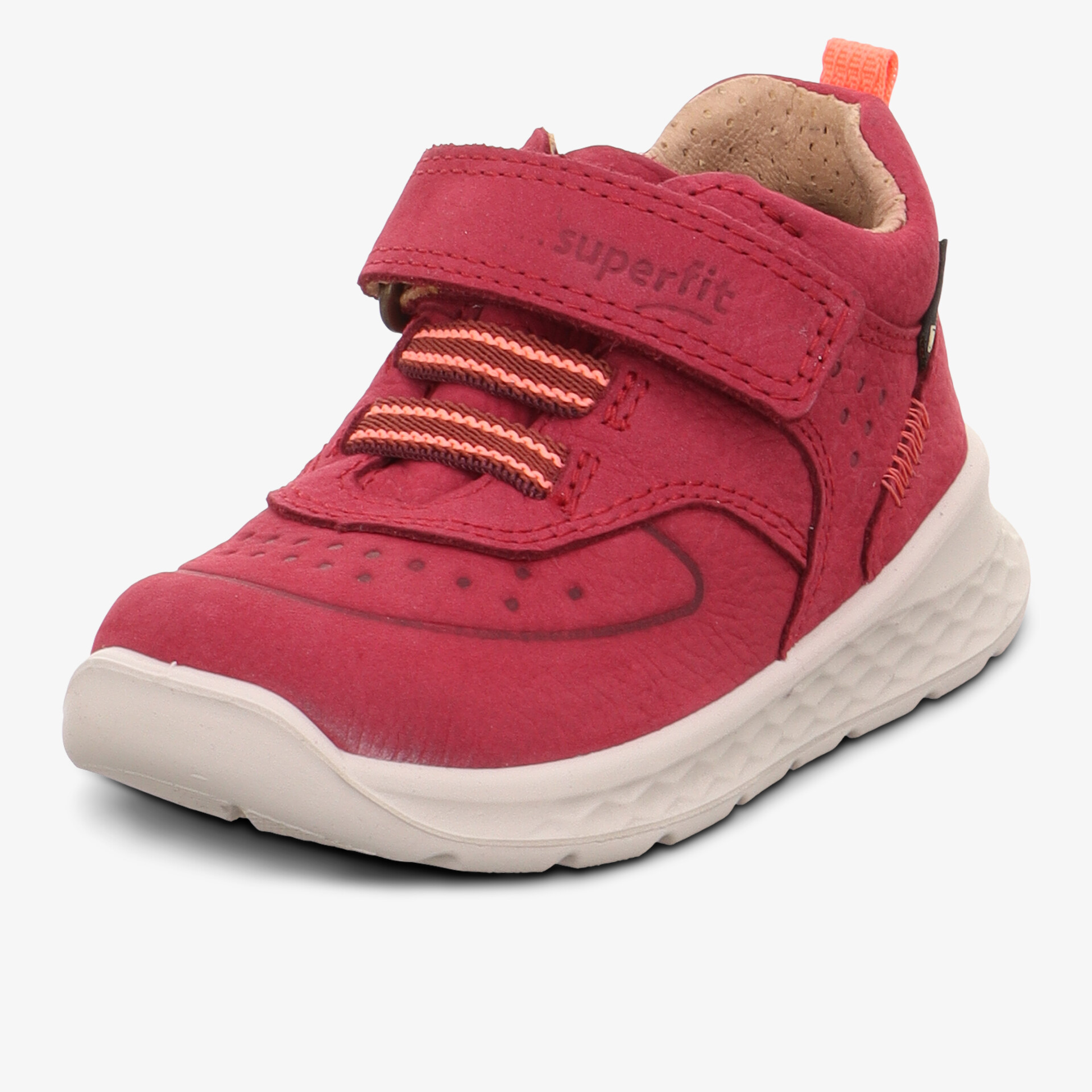 Roter bequemer Schuh mit Klettverschluss und rutschfester, flexibler Sohle für optimalen Tragekomfort