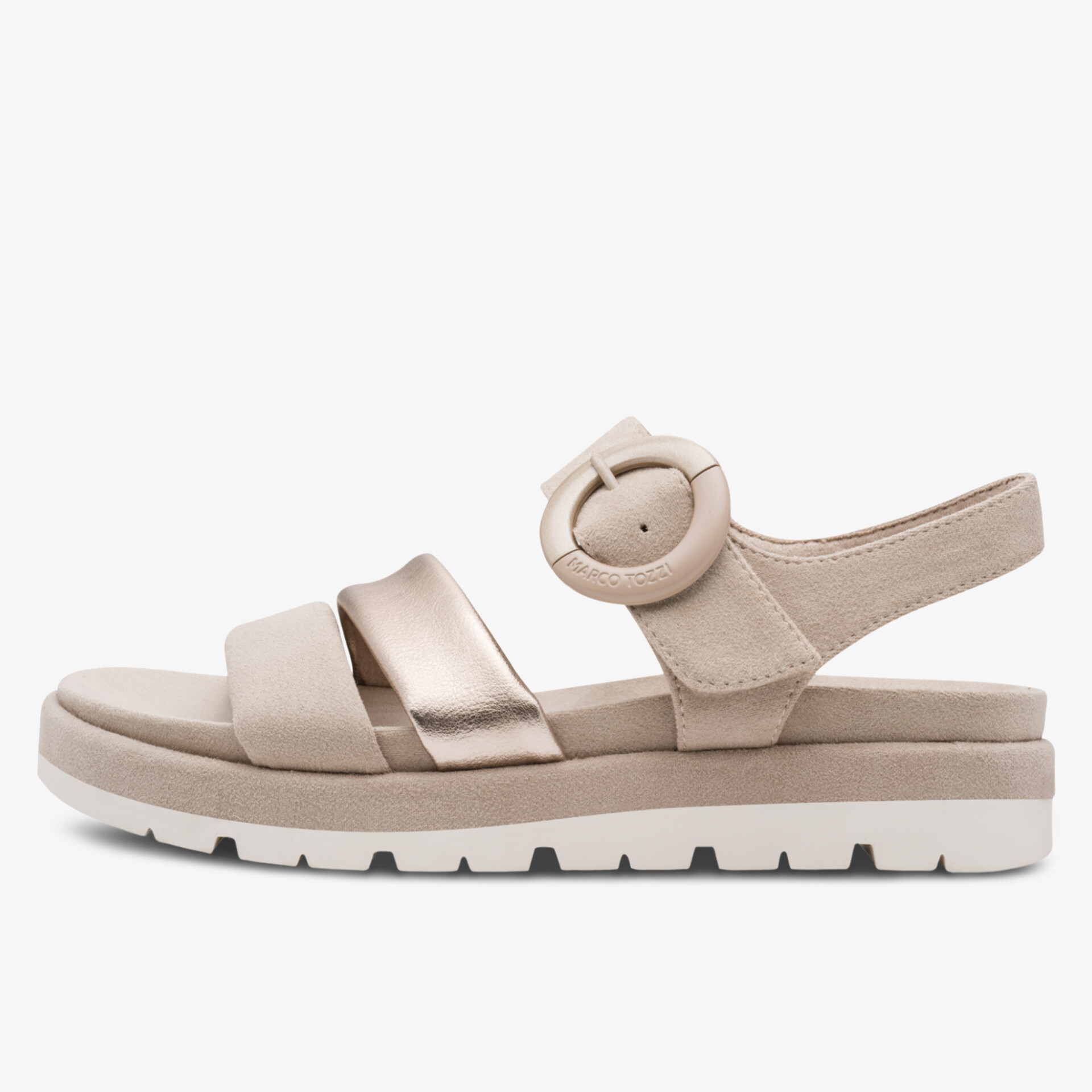 Bequeme Sandale mit gepolsterter Sohle und verstellbarem Metallic-Riemen auf rutschfester weißer Laufsohle