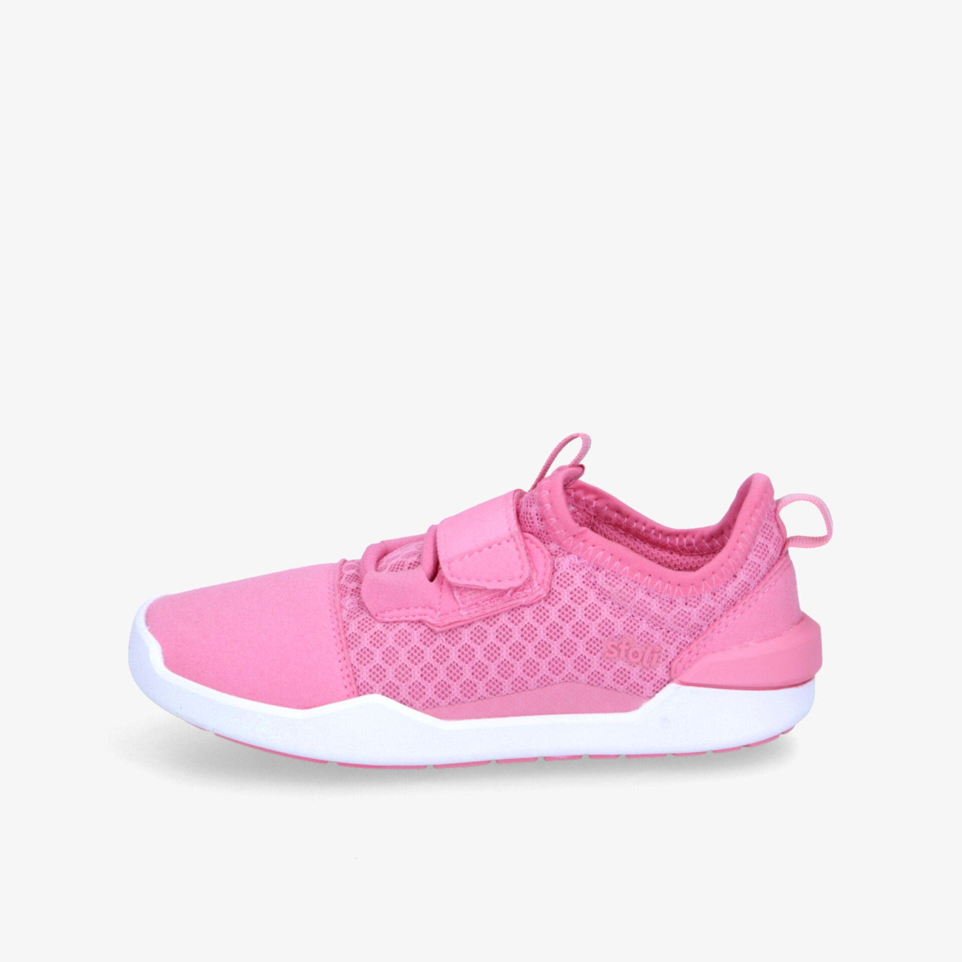 Seitliche Ansicht eines leichten, atmungsaktiven Sportschuhs mit elastischem Obermaterial und rutschfester Sohle in Pink