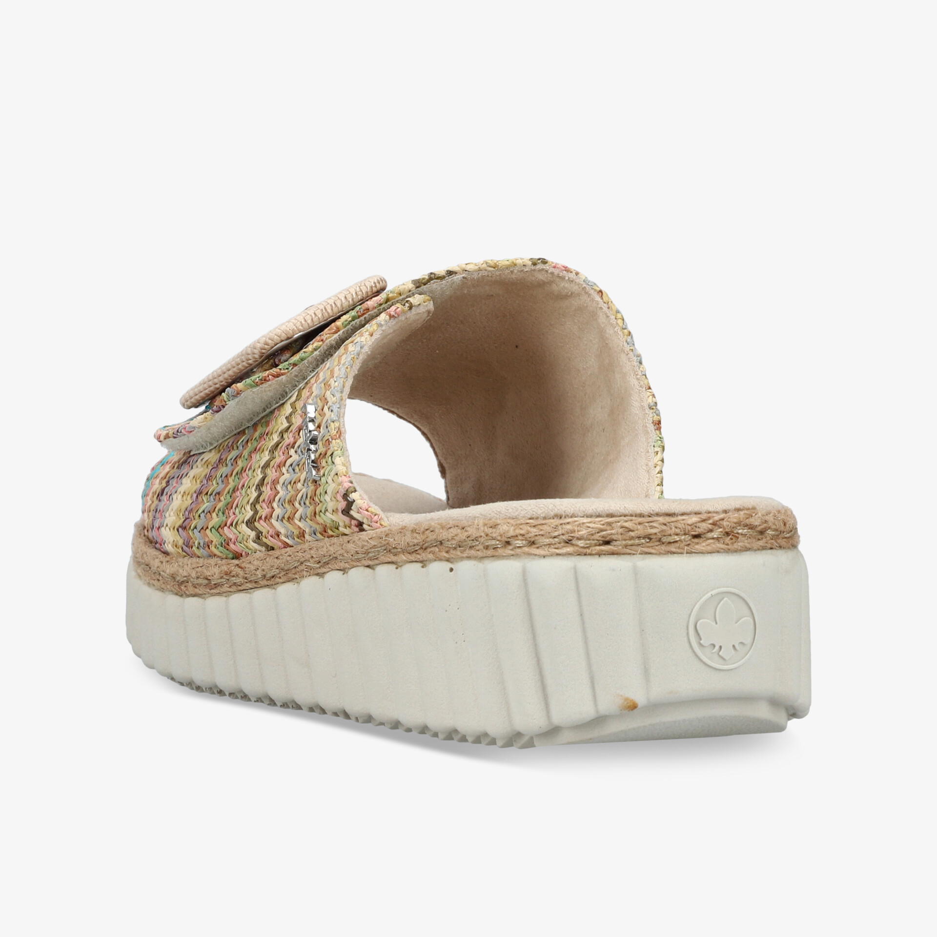 Bequeme beige Plateau-Sandale mit geflochtenem Design und verstellbarem Klettverschluss, seitliche Ansicht