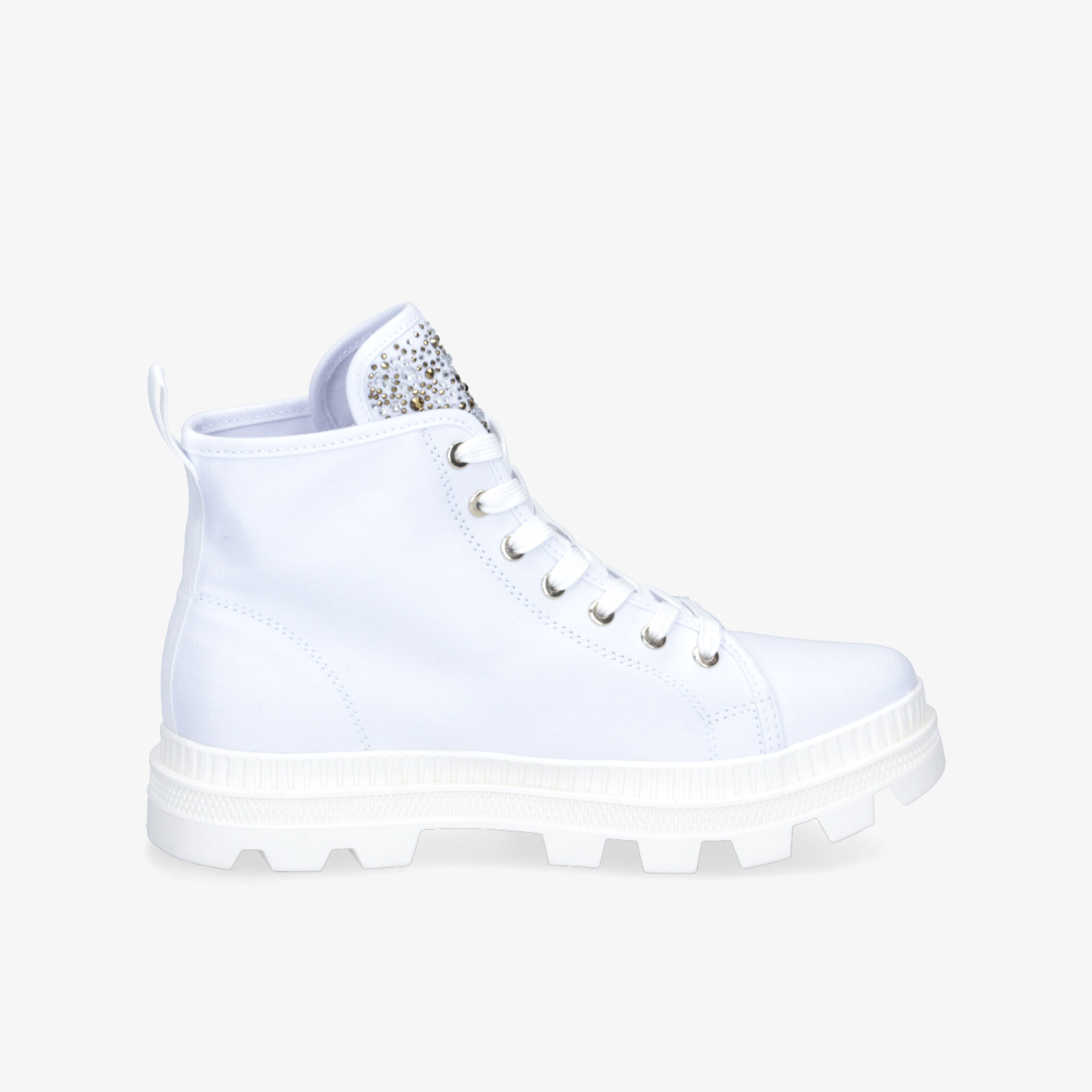 Eleganter weißer Stiefel mit Schnürung und robuster Sohle für modischen Komfort.