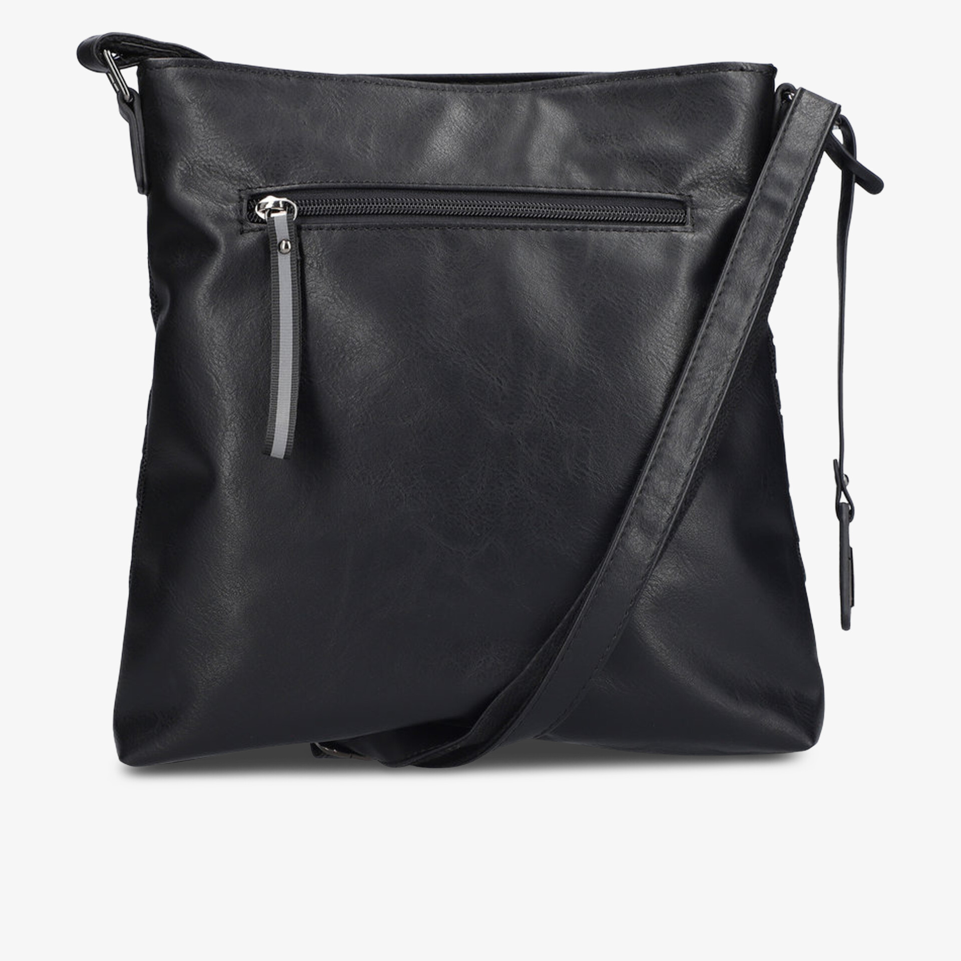 Schwarze Umhängetasche aus feinem Material mit Reißverschluss und verstellbarem Schulterriemen, elegant und minimalistisch.