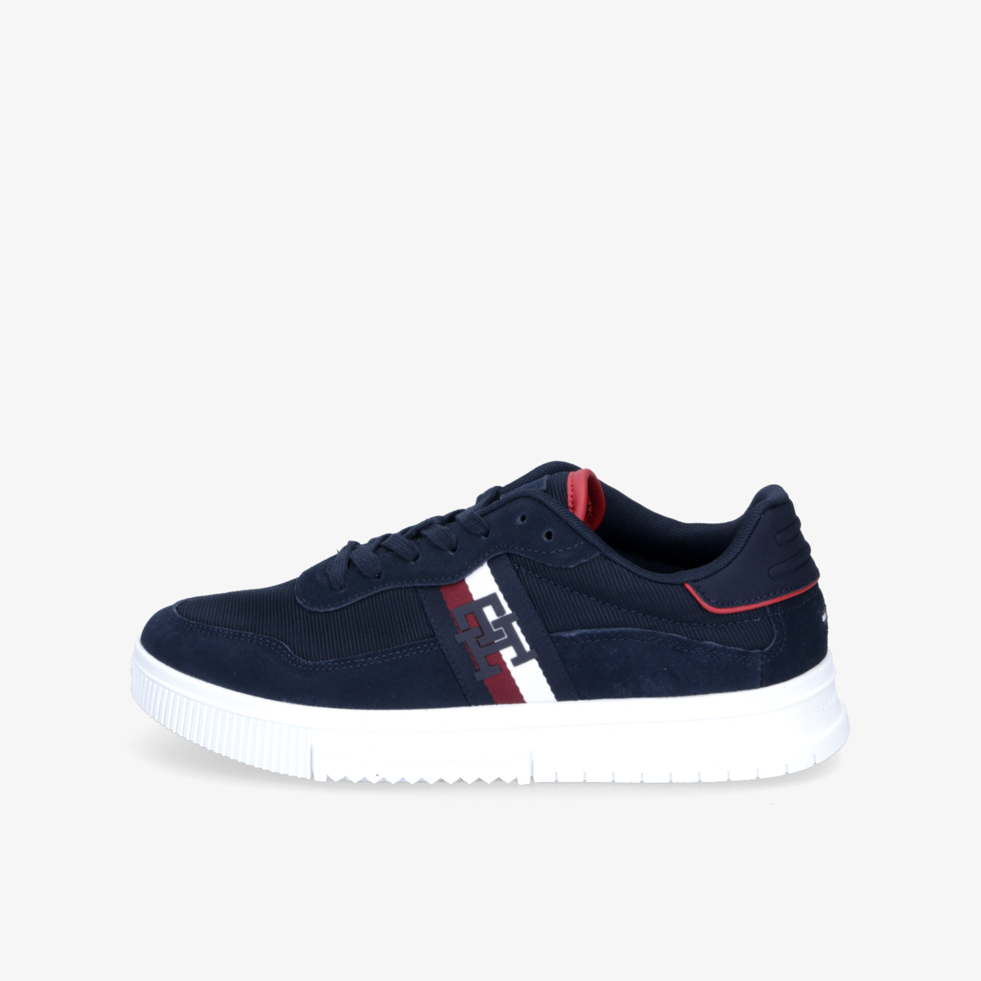 Sportlicher dunkelblauer Sneaker mit weißer Sohle in klarer Seitenansicht, komfortabel und leicht im Design