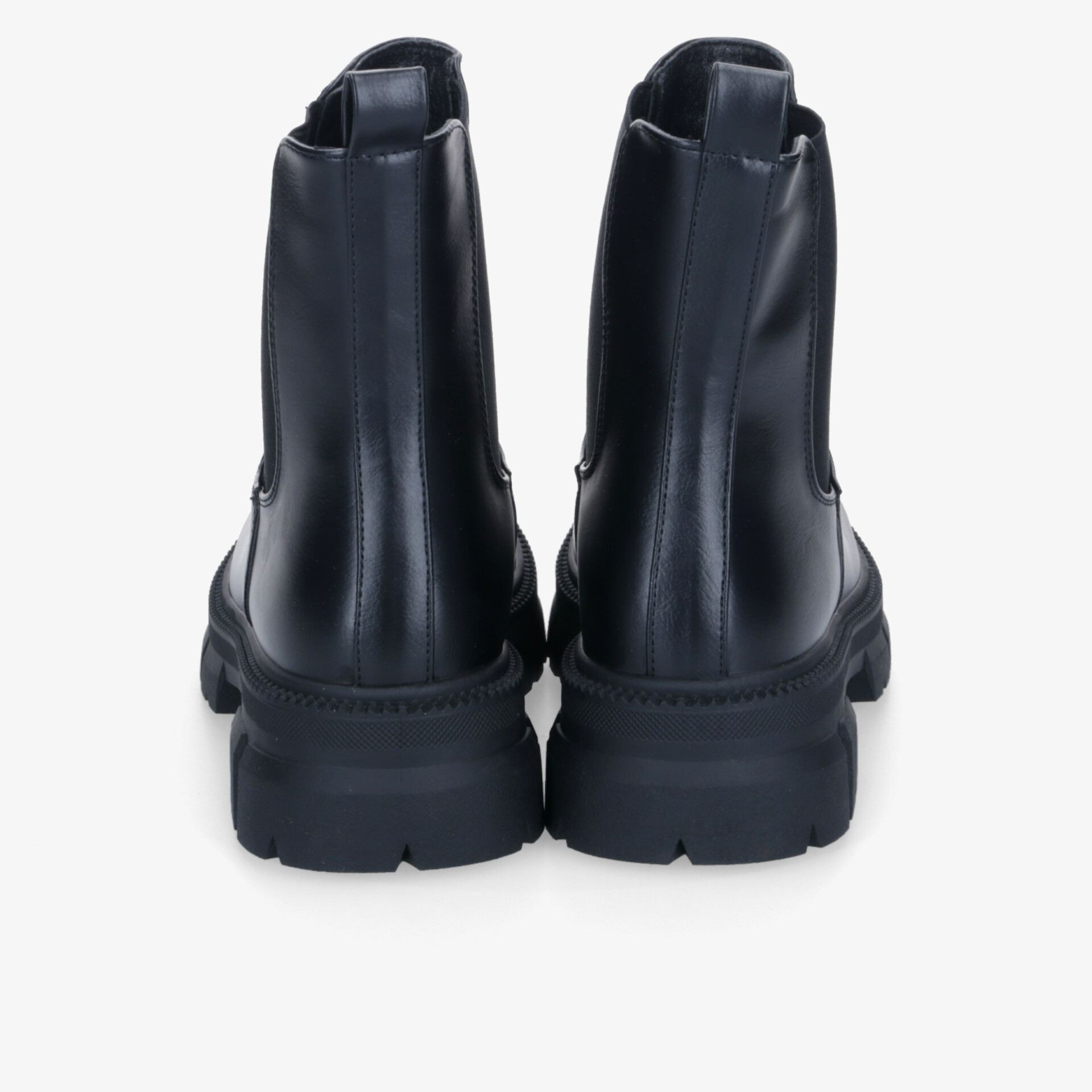 Schwarze Stiefel mit hohem Schaft und robuster, dicker Sohle in Rückansicht