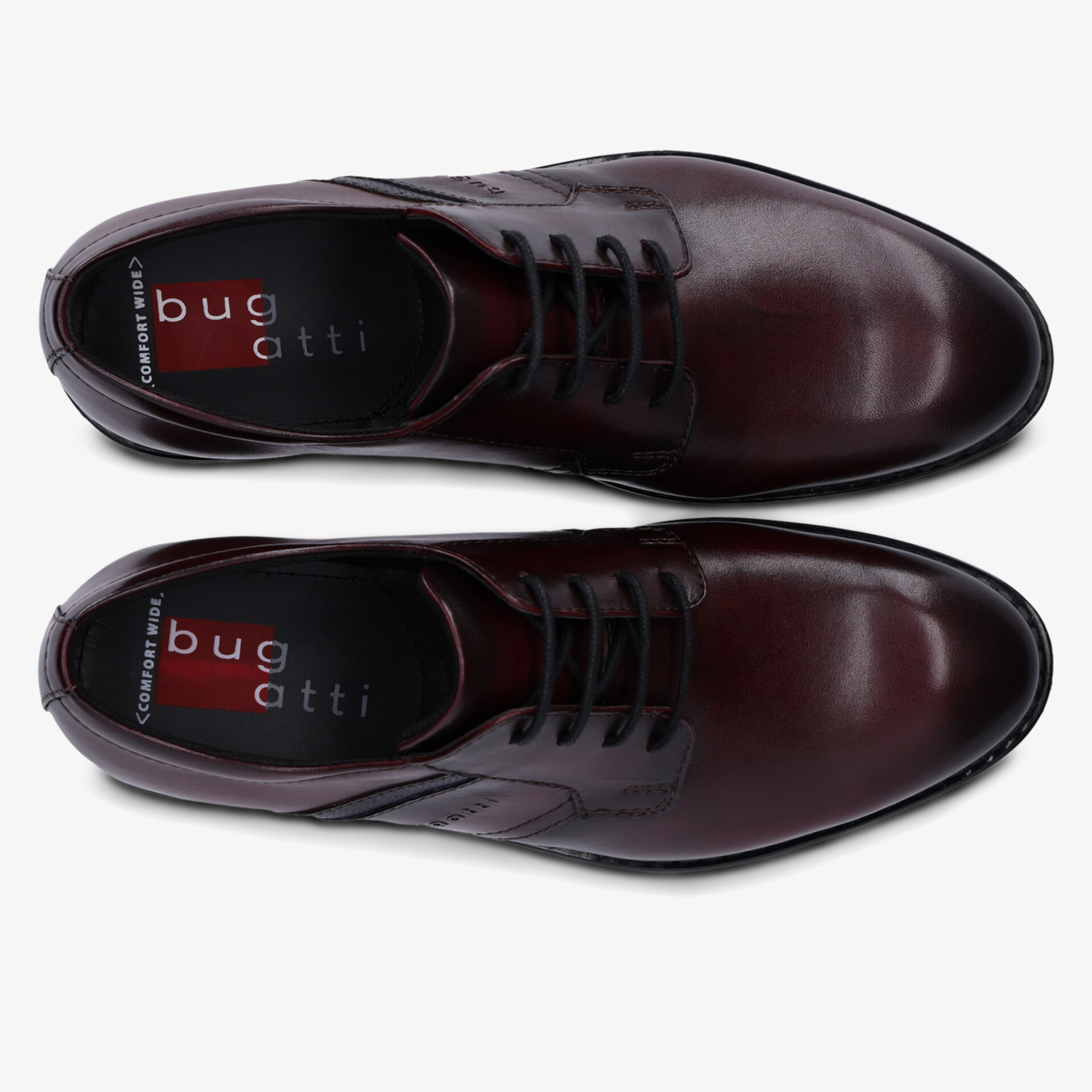 Dunkle elegante Lederschuhe mit glatter Oberfläche und klassischer Schnürung von oben liegend