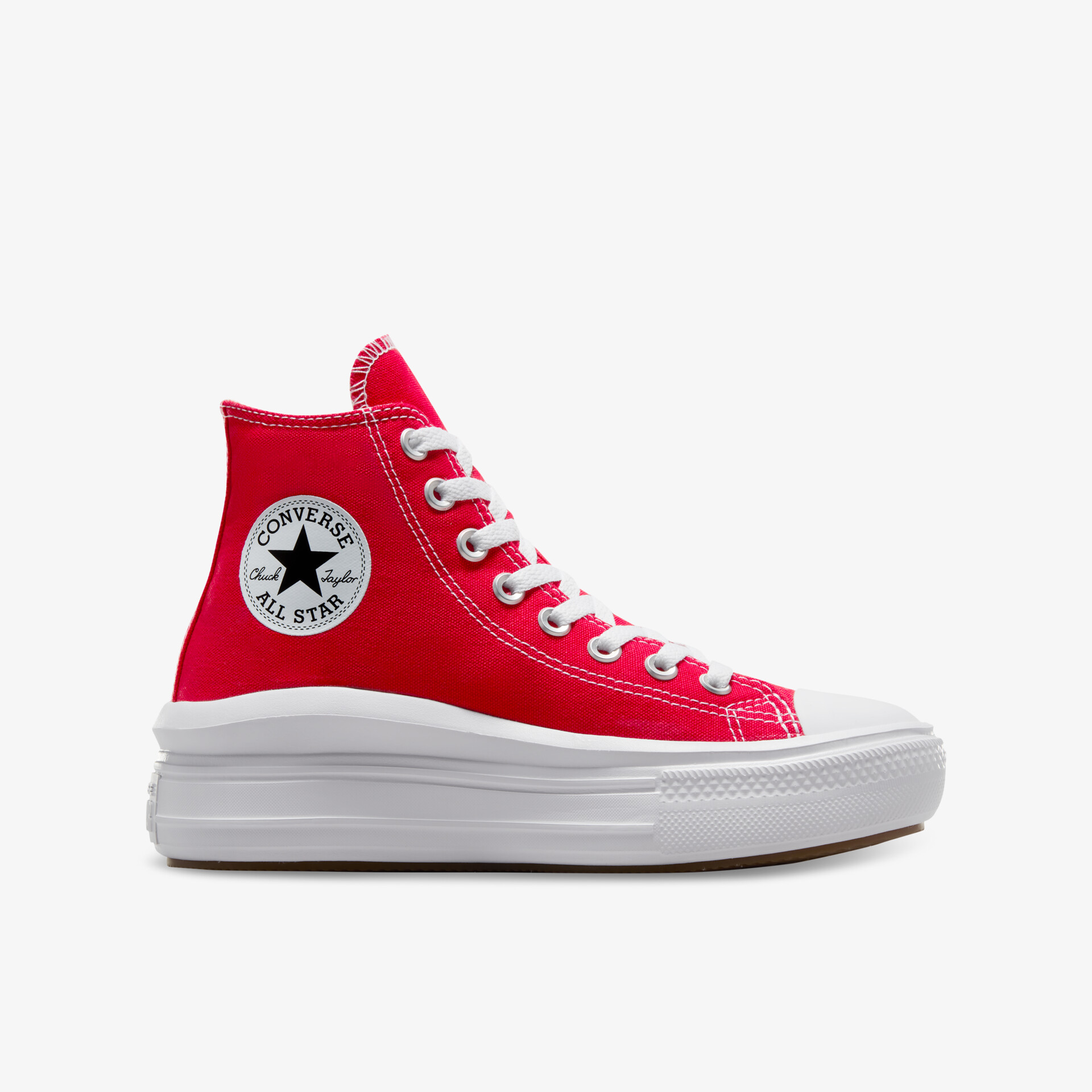 Roter High-Top Sneaker mit weißer Gummisohle und Schnürsenkeln in seitlicher Ansicht, sportlich und bequem