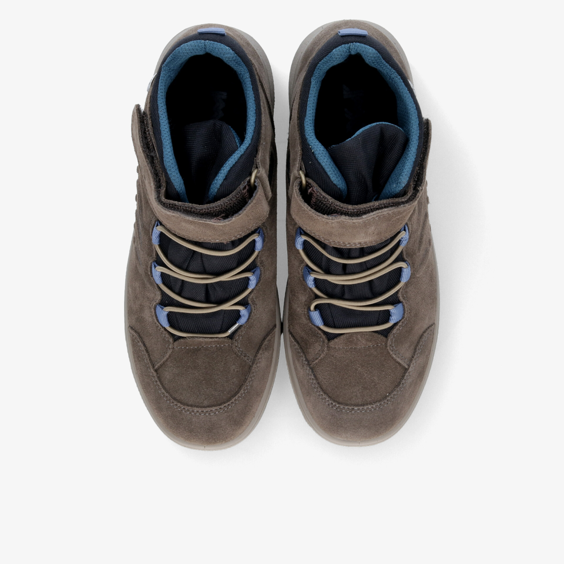 Robustes Paar Outdoorschuhe in Grau und Blau mit gepolstertem Schaft und schnürbarem Design, Draufsicht