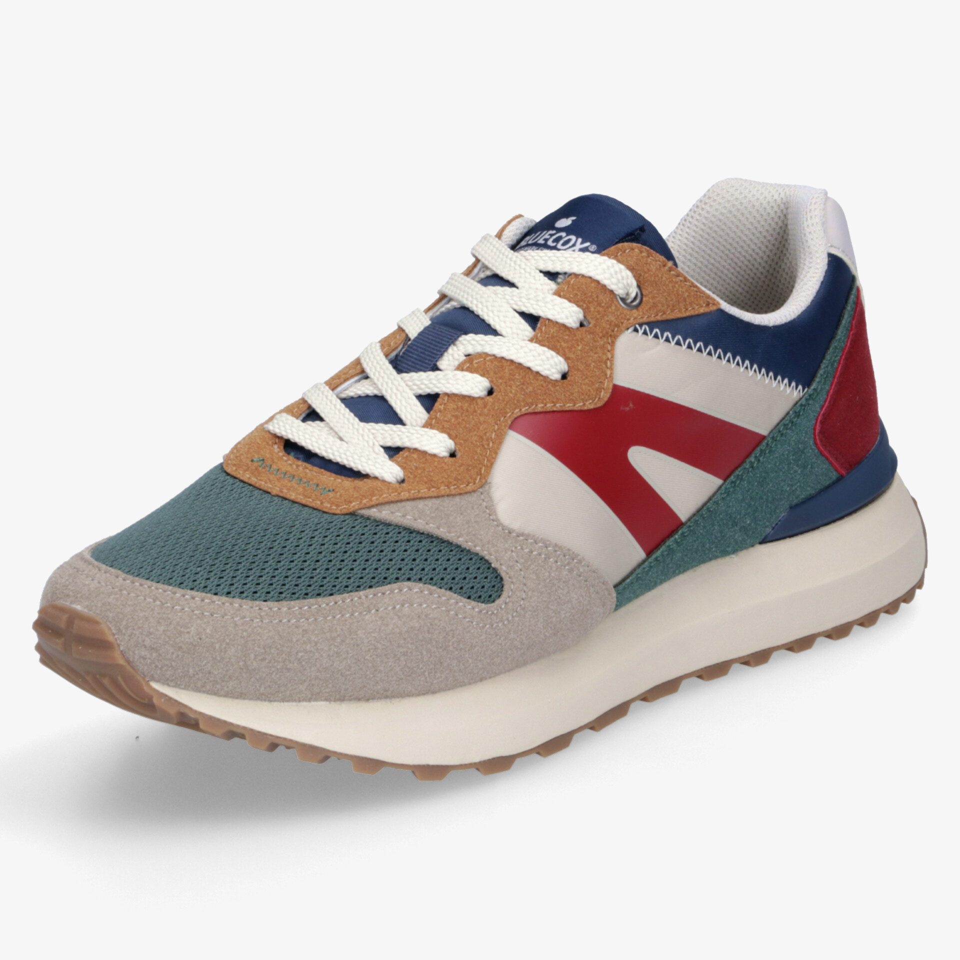 Sportlicher Sneaker mit mehrfarbigem Design, leichter und bequemer Schuh in schräger Vorderansicht