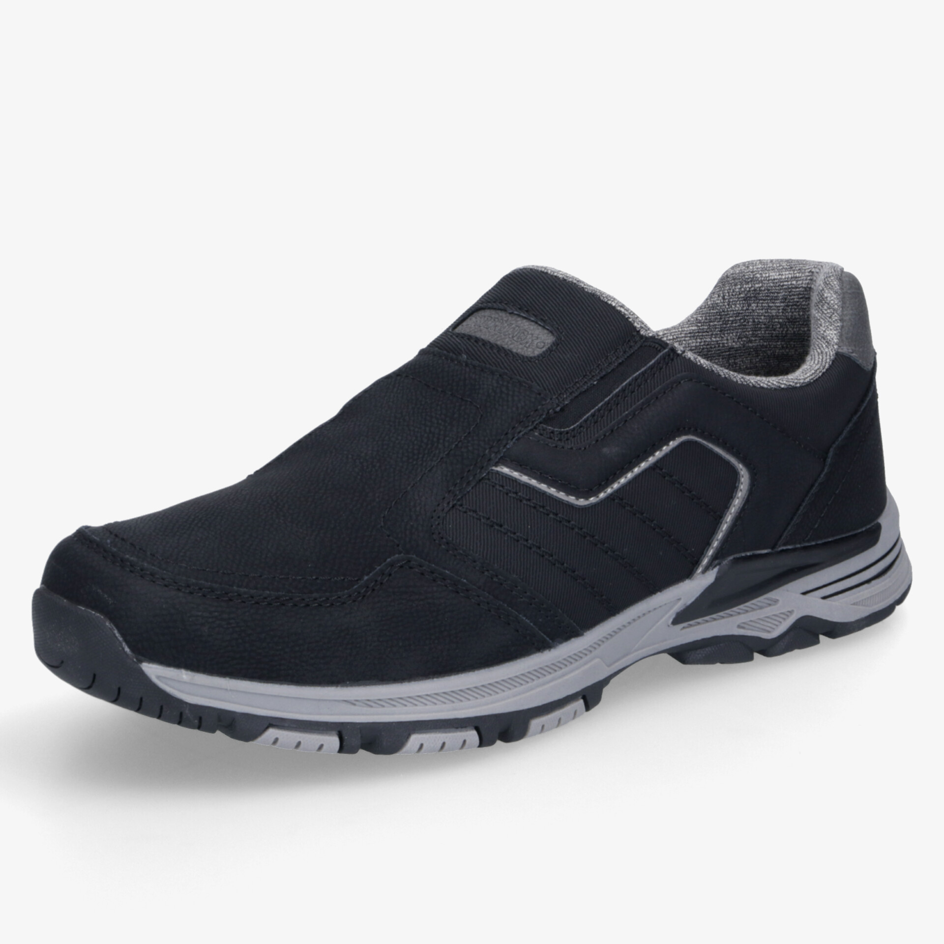 Schwarzer Freizeitschuh mit sportlichem Design, rutschfester Sohle und gepolstertem Einstieg für komfortables Tragen