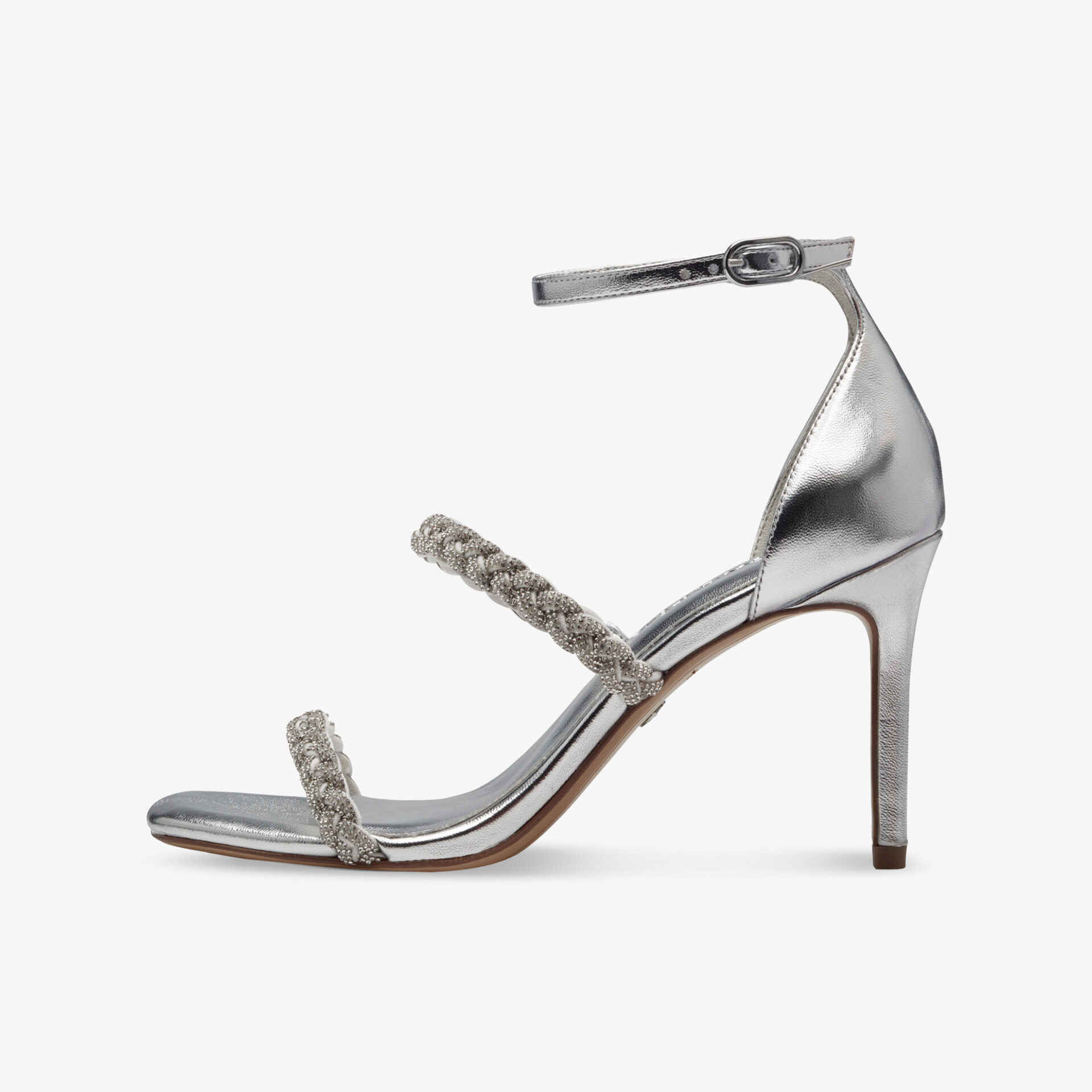 Moderner silberner Absatzschuh mit zwei Riemen und hohem schlankem Absatz für festliche Anlässe