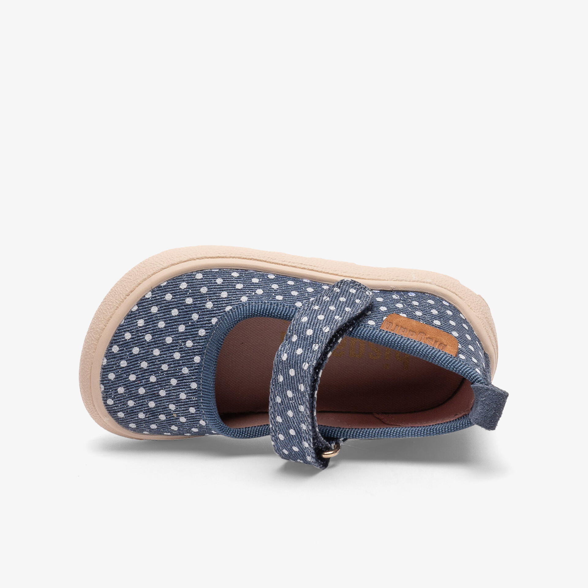 Blauer Kinderschuh mit weißen Punkten, Klettverschluss für einfaches Anziehen, bequeme und flexible Passform