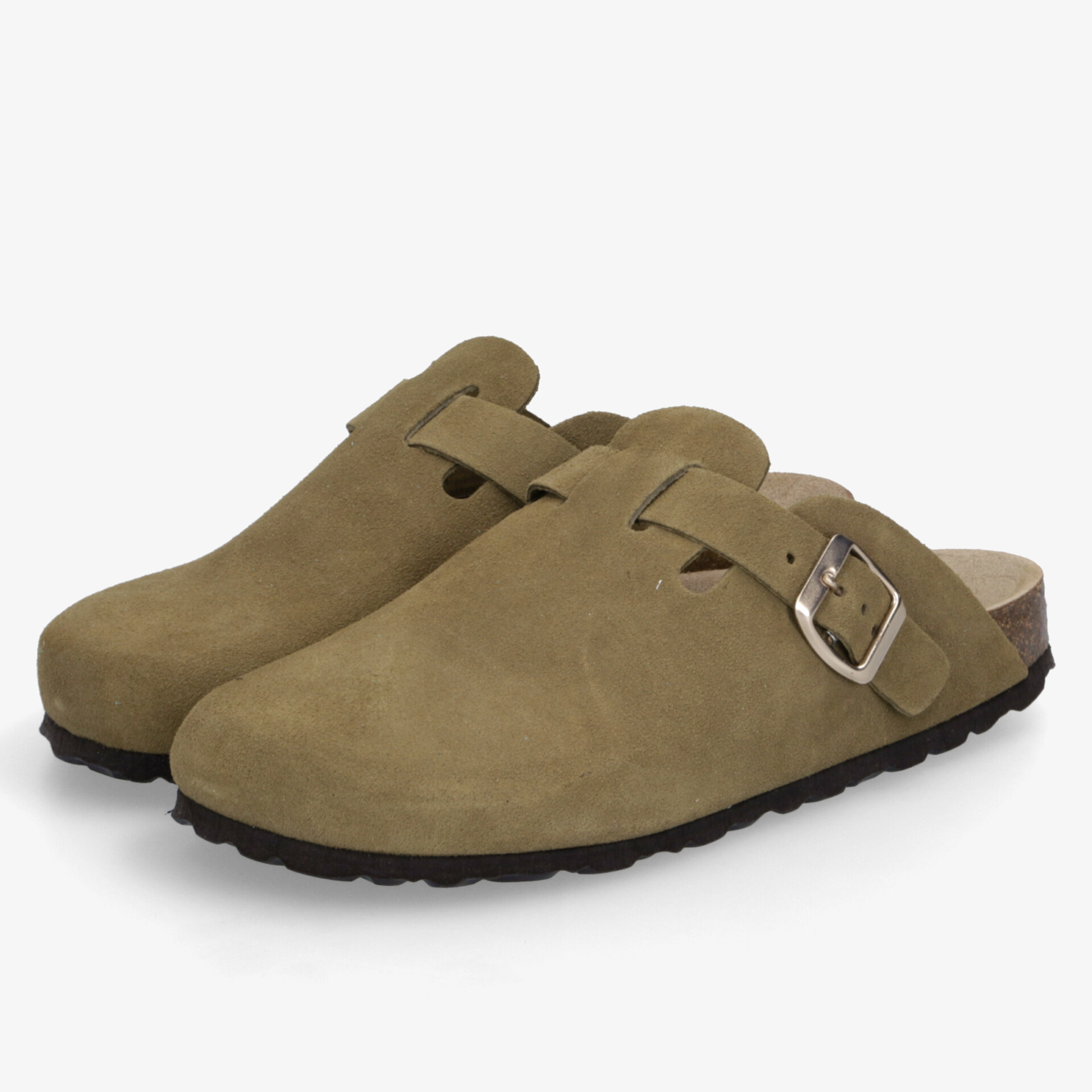 Bequeme braune Clogs aus hochwertigem Wildleder mit verstellbarem Riemen und rutschfester Profilsohle, schräg von vorne