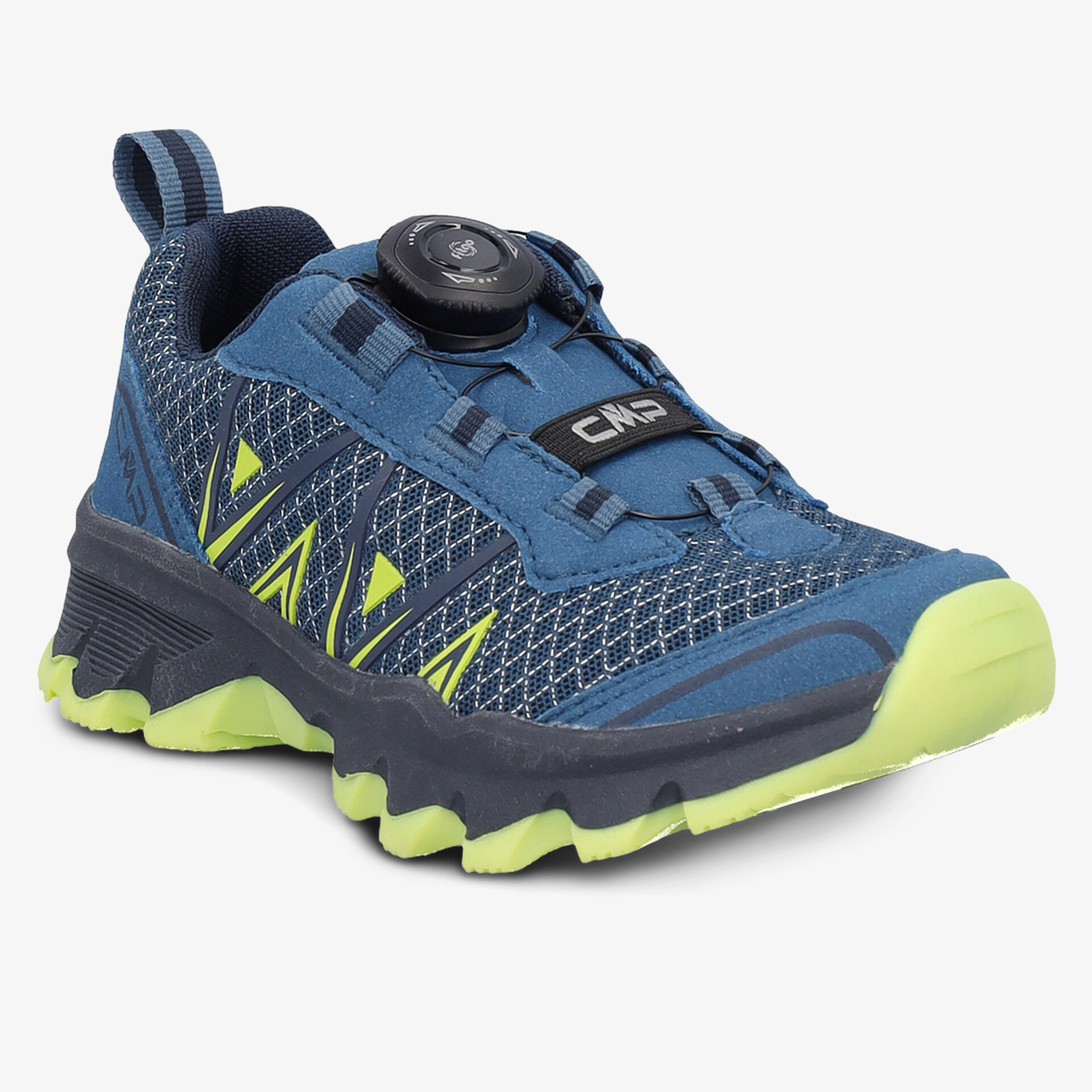 Robuste blaue Schuhe mit gelber Sohle und griffigem Profil für Outdoor-Aktivitäten