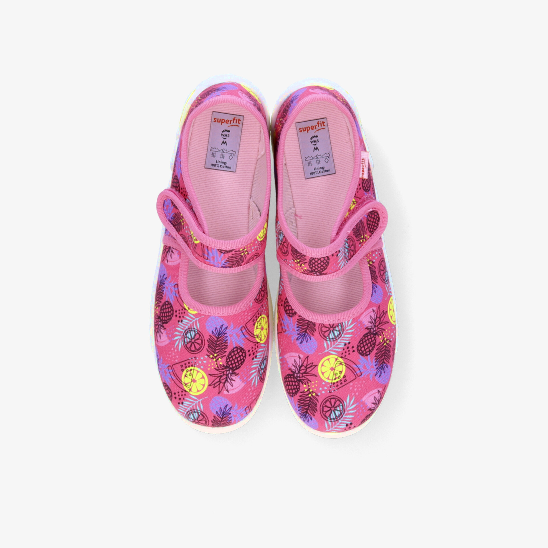 Pinkfarbene Kinderschuhe mit buntem Muster, rutschfester Sohle und bequemem Klettverschluss für einfachen Halt