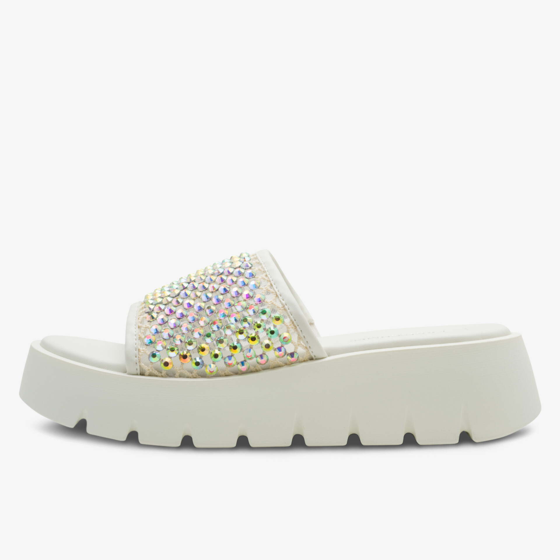 Bequeme weiße Plattform-Sandale mit glitzerndem Riemen und rutschfester Sohle für modischen Sommerlook