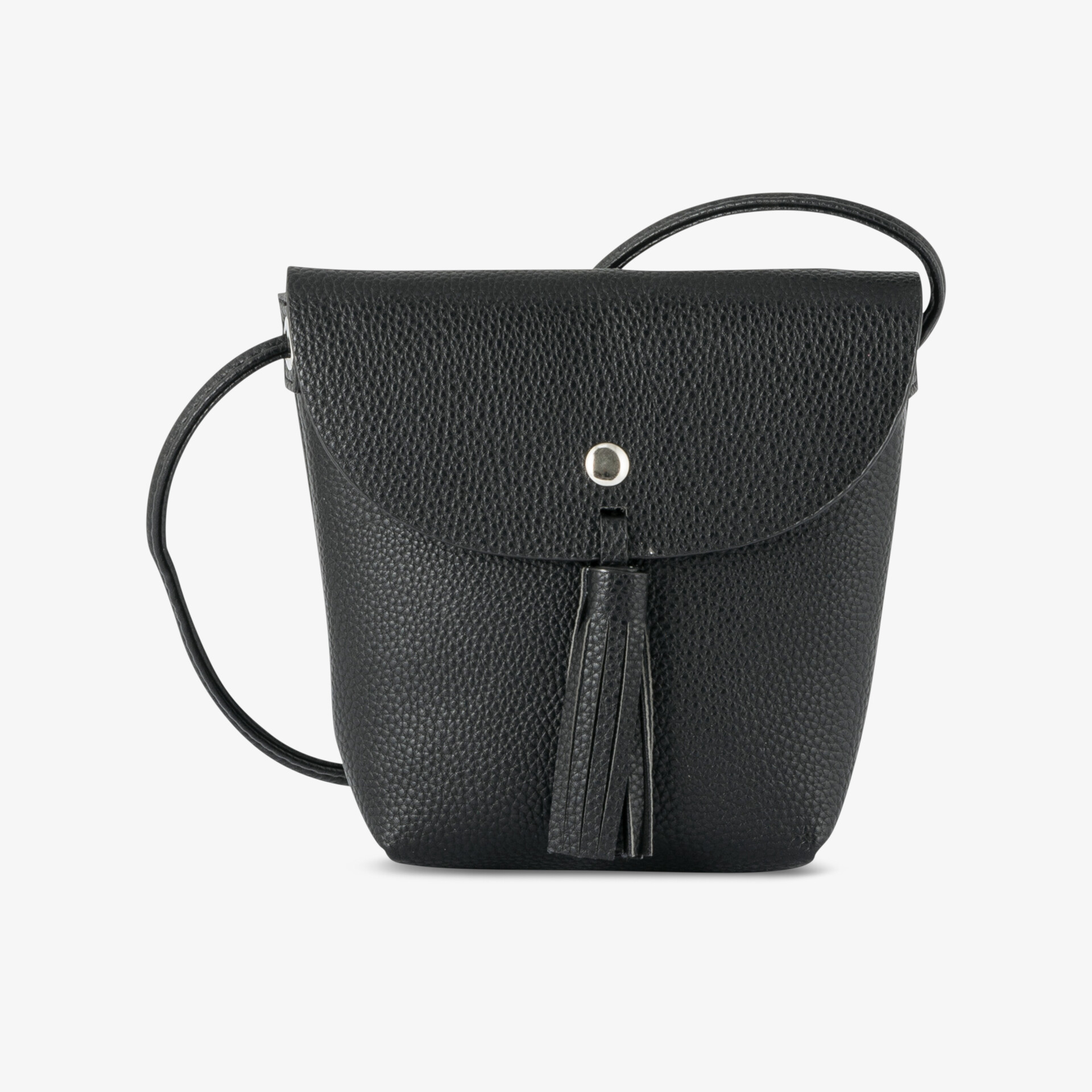 Schwarze Crossbody-Tasche aus Lederimitat mit Fransen-Detail und Druckknopfverschluss. Perfekt für Alltag und Ausgehen.