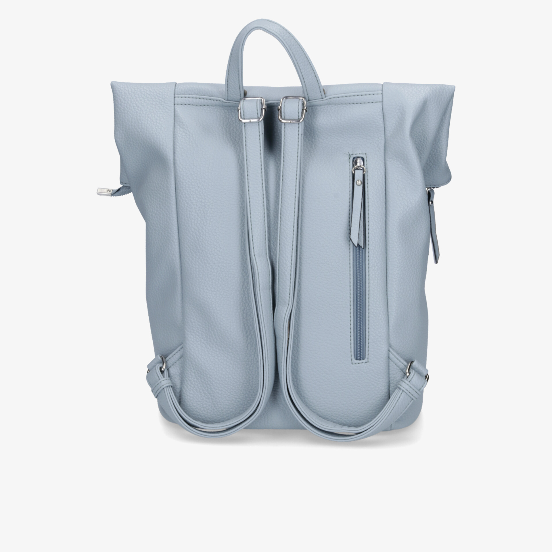 Moderner hellblauer Rucksack mit robustem Reißverschluss und verstellbaren Schultergurten frontal dargestellt