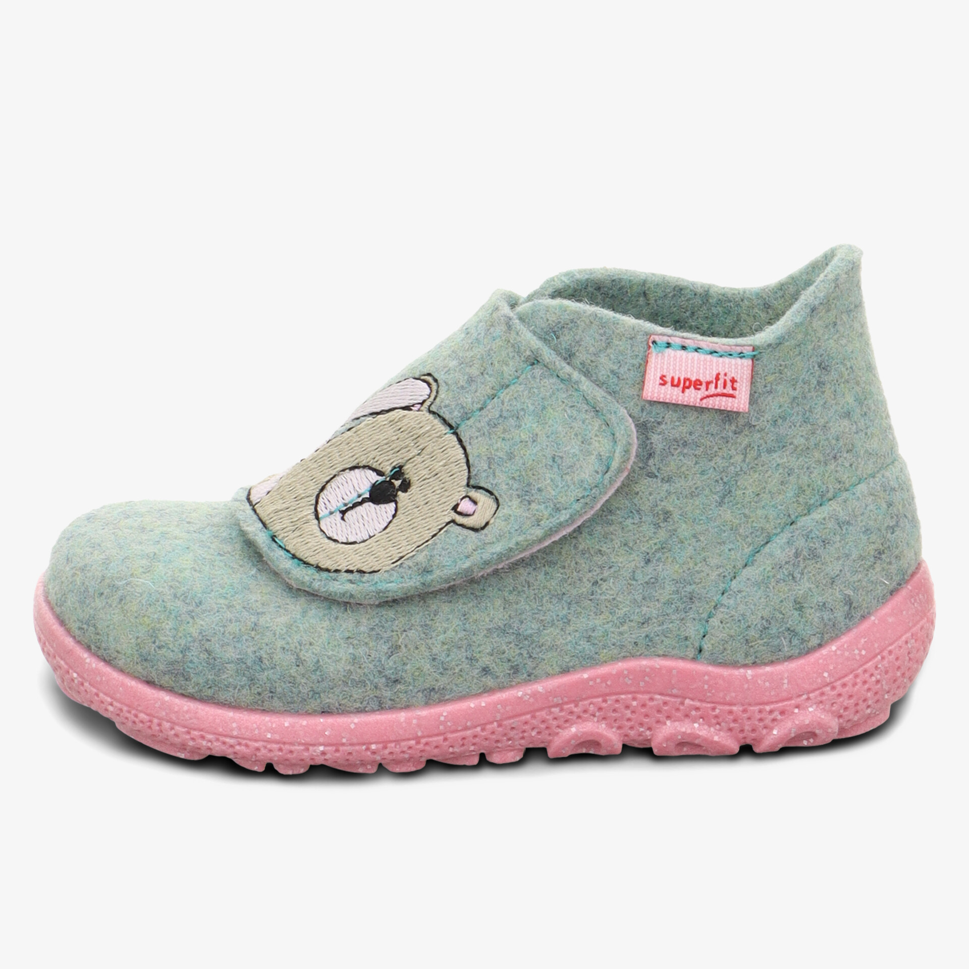 Bequemer Hausschuh aus weichem Filz mit robustem Klettverschluss und rutschfester Gummisohle, mit niedlichem Bärmotiv