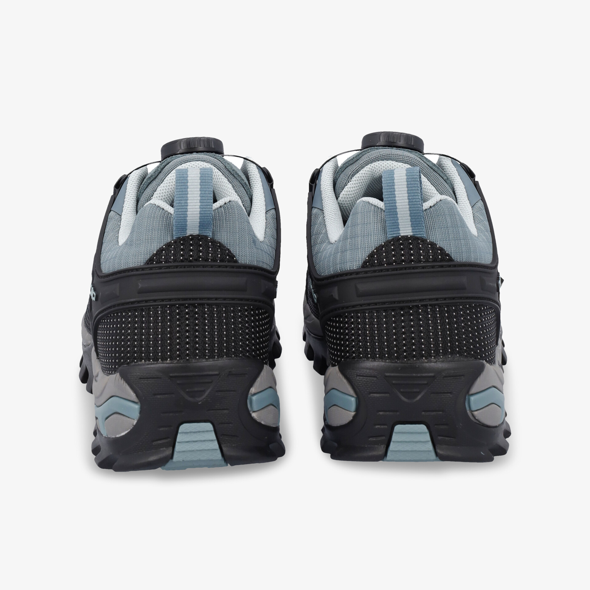 Robuste und gepolsterte Wanderschuhe in Schwarz und Grau mit stabiler Fersenkonstruktion und rutschfester Sohle