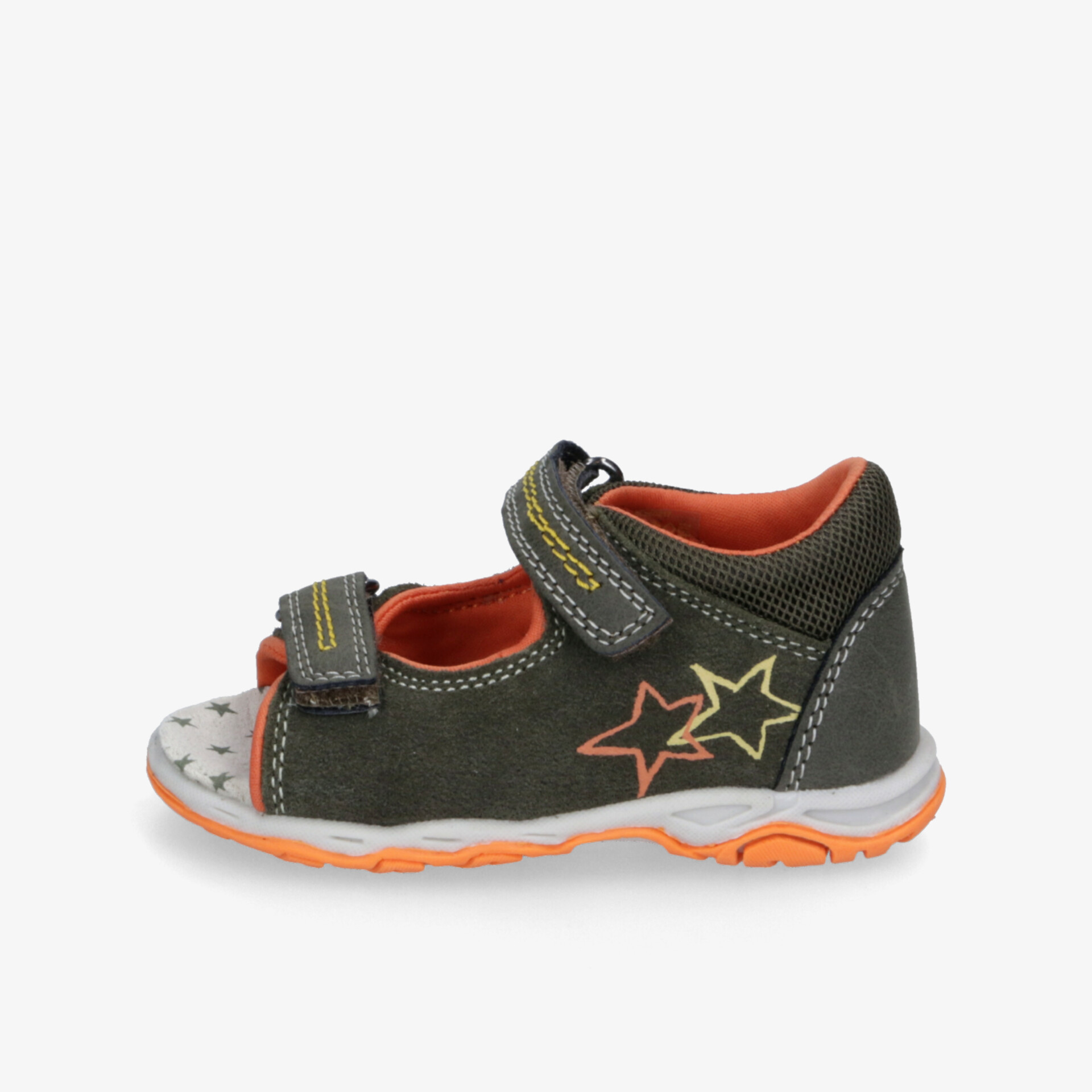 Offene Kinder-Sandale in Grau mit orangen Akzenten und Sternen, verstellbar, gepolstert und rutschfeste flexible Sohle