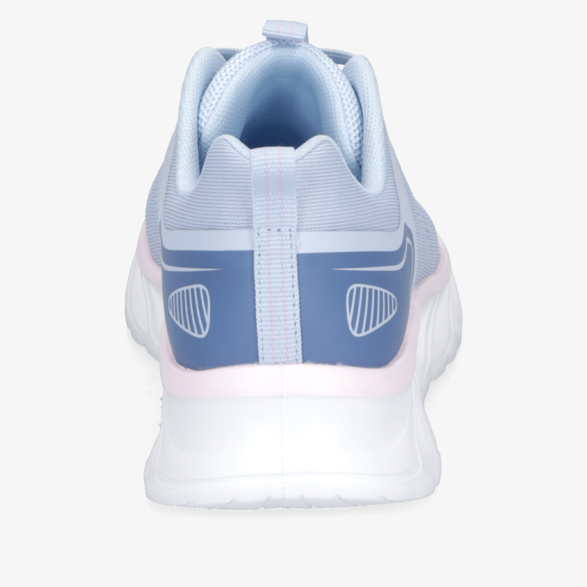 Rückansicht eines komfortablen, stabilen Sportschuhs in Blau und Rosa mit atmungsaktivem Material
