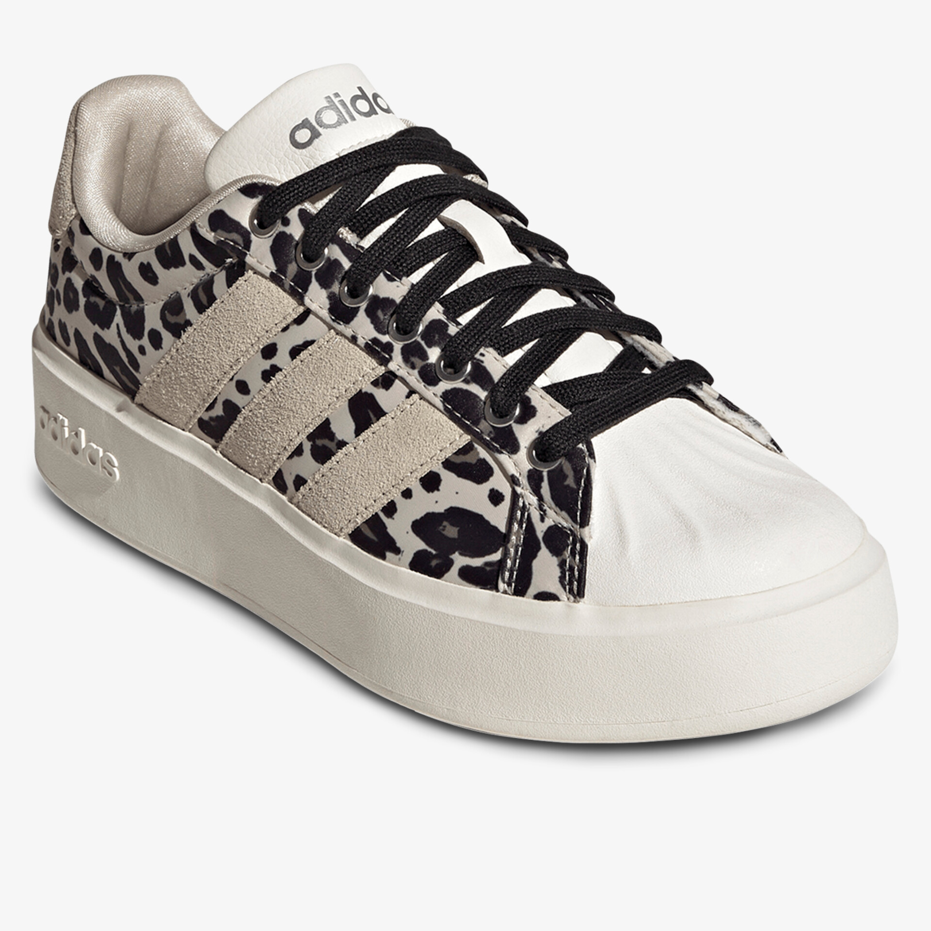 Modischer Sneaker mit auffälligem Leopardenmuster und weißer robuster Sohle, schwarzer Schnürung