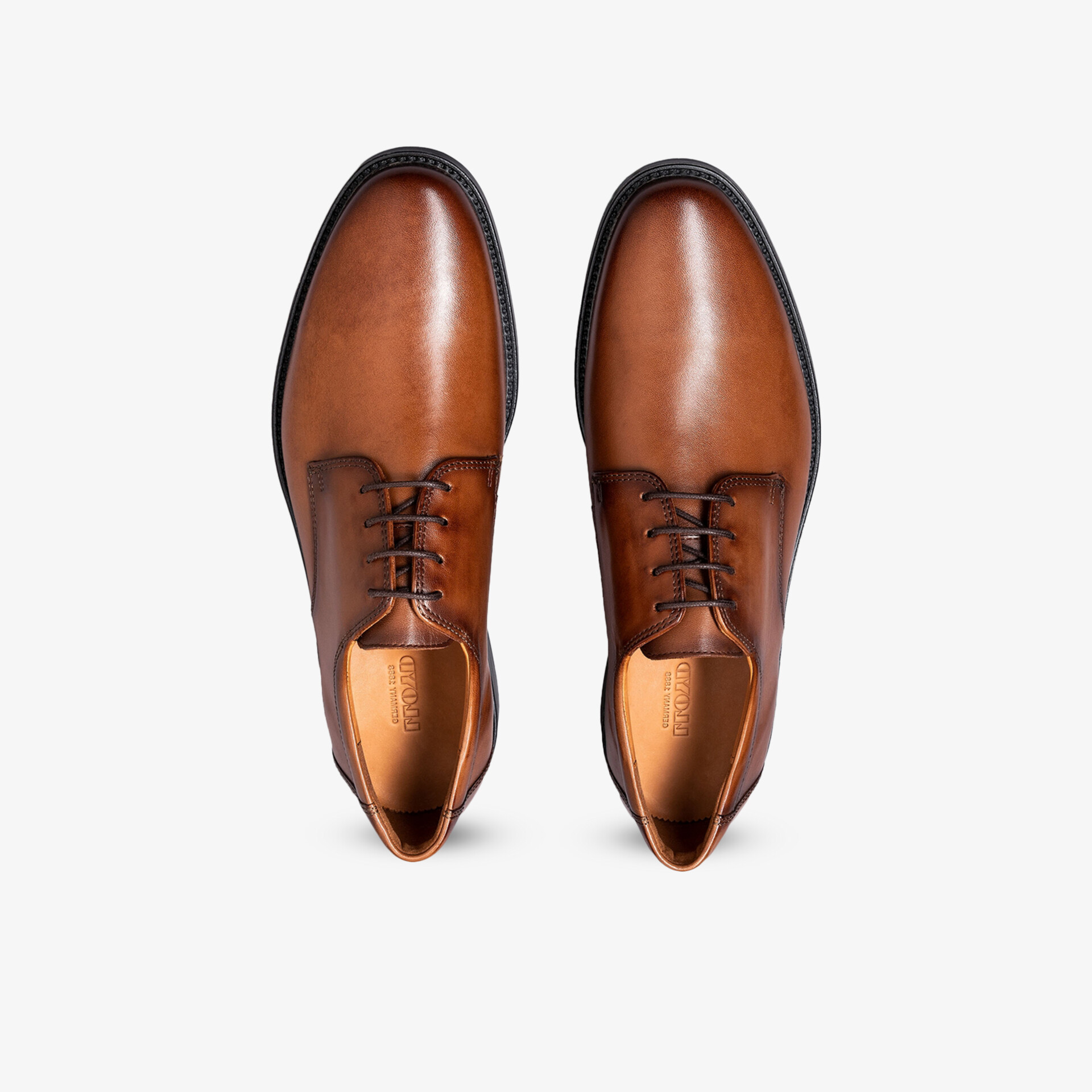 Elegantes Paar brauner Lederschuhe mit feiner Schnürung, glatter Oberfläche und klassischem Design in Draufsicht